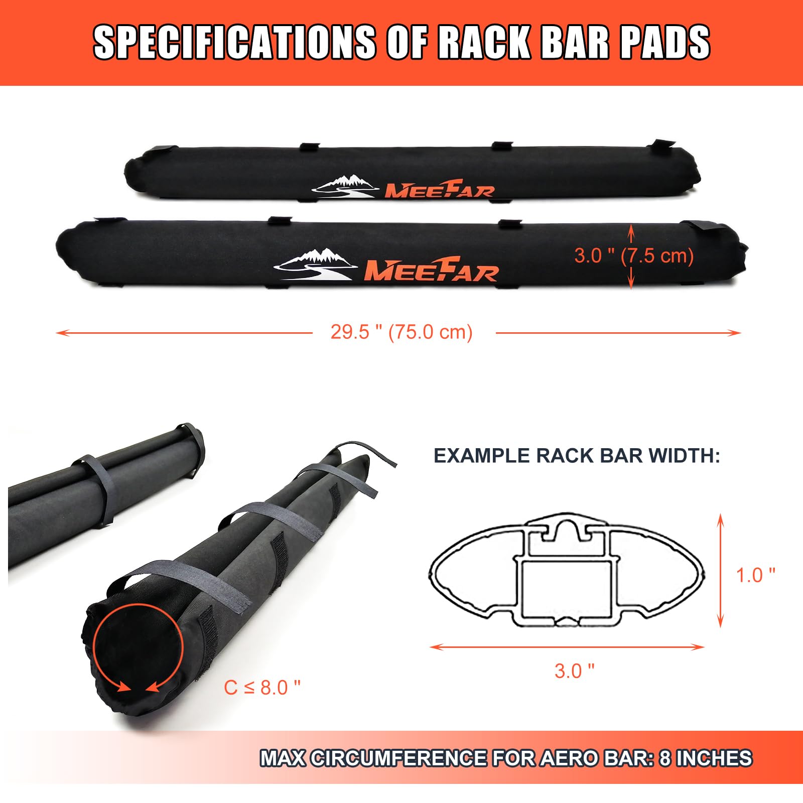 MeeFar Universal Soft Roof Rack Pads for Kayak, Surfboard, SUP - Includes 2 Heavy Duty Straps, Black Nylon, Model: Soft Rack