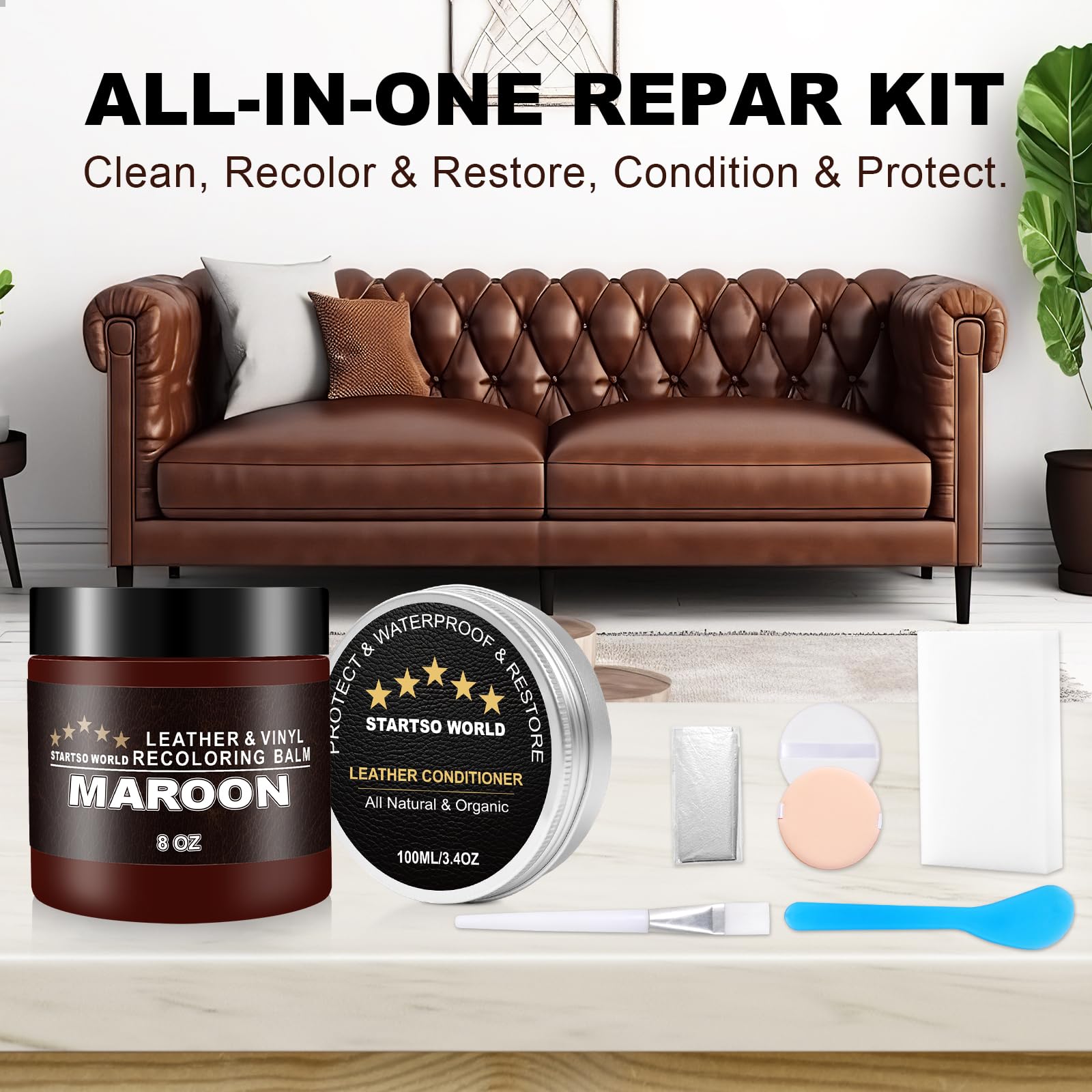 STARTSO WORLD Leather Recoloring Balm & Conditioner Set, 200ml & 100ml, Maroon, Ideal for Scratch Repair & Furniture Restoration