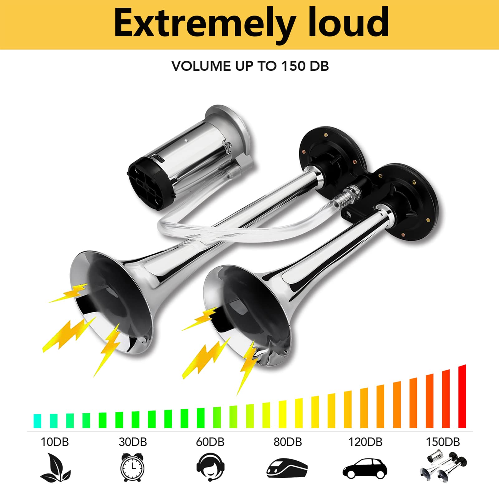 Hk 12V 150Db Air Horn Kit For Truck Car, Super Loud Train Horn For Truck, Dual Trumpet Air Horns With Compressor For Any 12V Veh