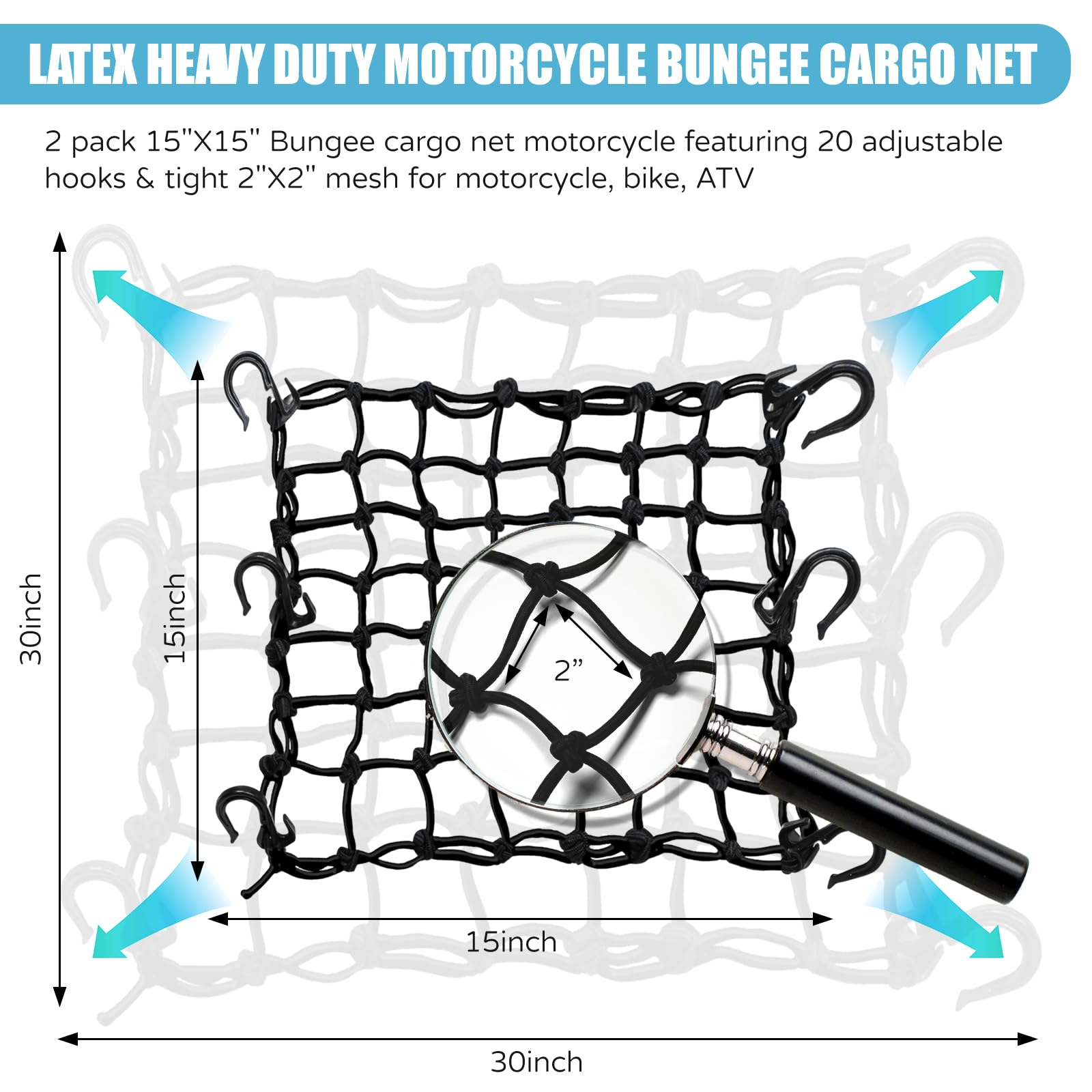 Tkkeuep 2 Pack 15''X15'' Motorcycle Cargo Net Stretches To 30''X30'', 2''X2'' Tight Mesh,Total 20 Hooks, Cargo Nets For Motorcyc