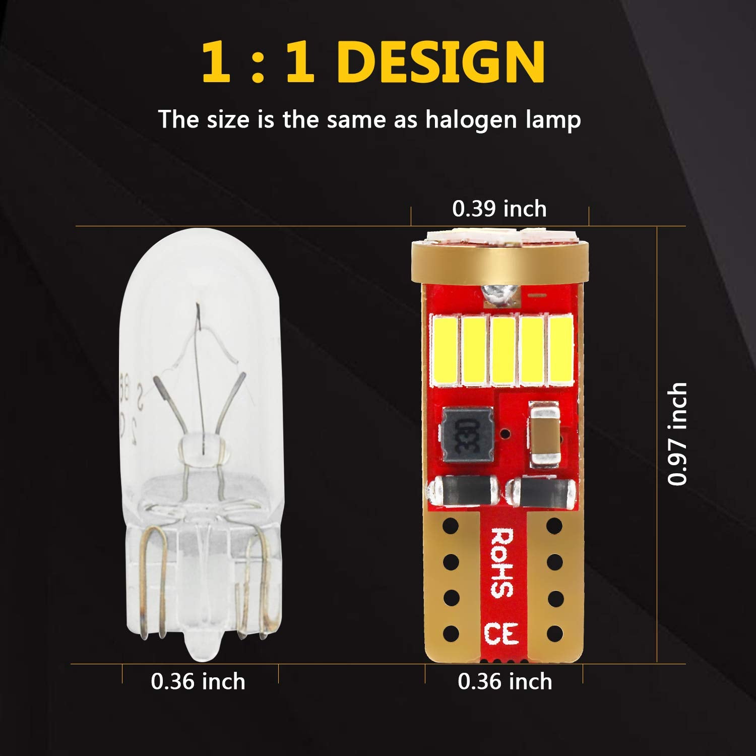 Phinlion 500 Lumens 194 Led Bulb 6000K Xenon White Canbus Error Free 168 2825 W5W T10 Wedge Led Replacement Bulbs For Car Dome Map Door Courtesy License Plate Lights, 2 Pack