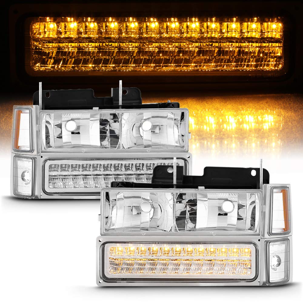 AKKON - For Chevy C/K Series Silverado Suburban Tahoe Pickup Truck Chrome Housing Headlight + LED Bumper + Corner Light Set