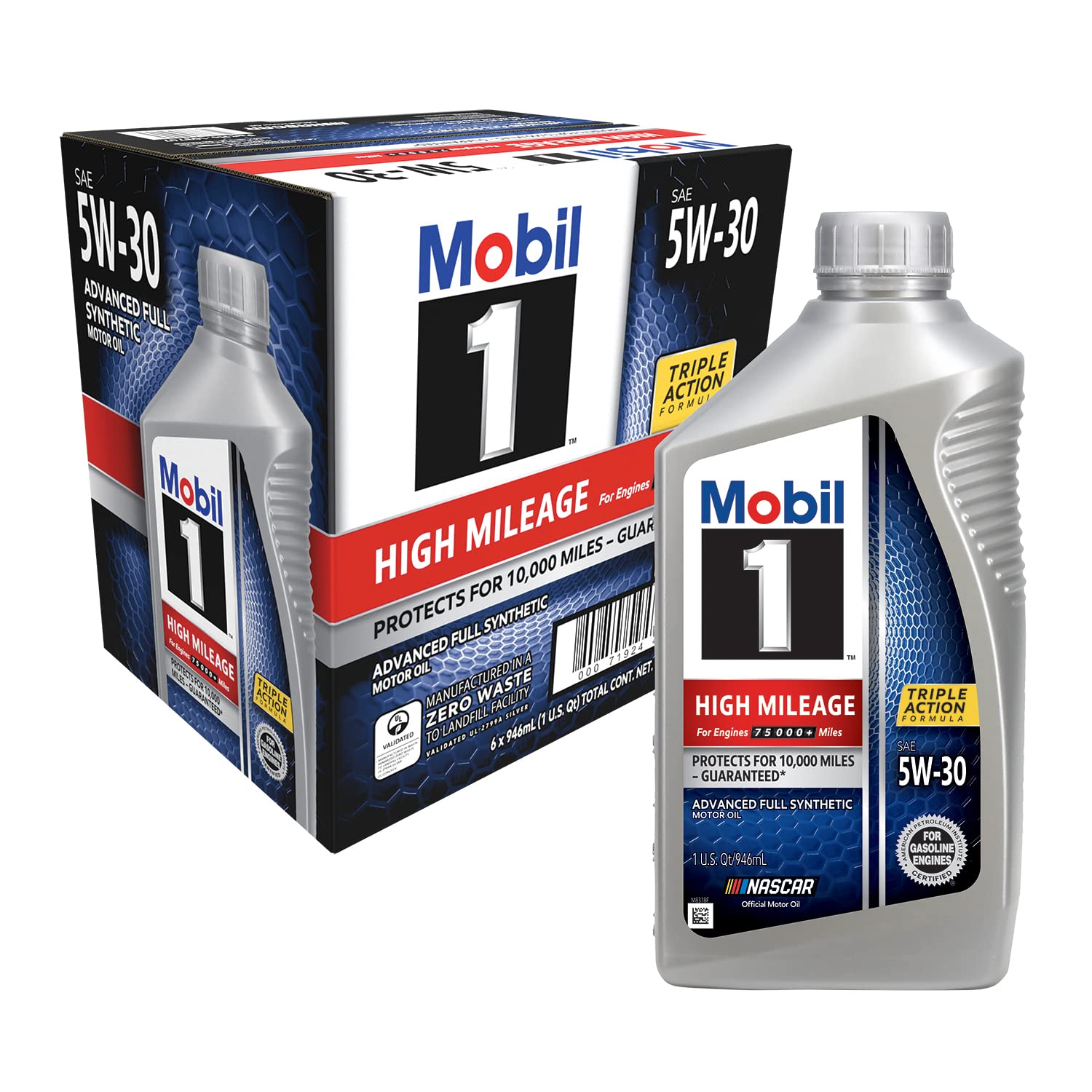 Mobil 1 High Mileage Full Synthetic Motor Oil 5W-30, 6-pack of 1 quarts