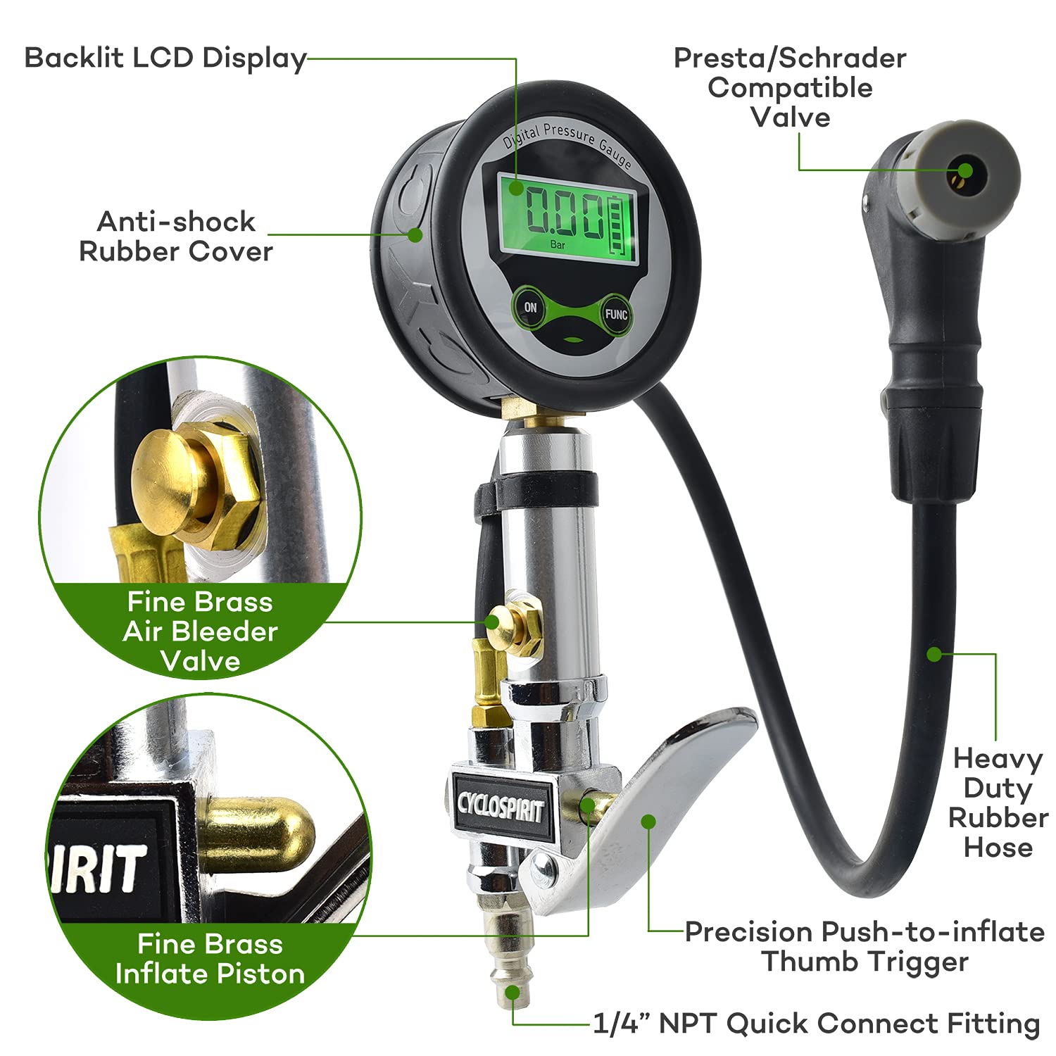 CycloSpirit Digital Bicycle Tire Inflator Gauge - Presta & Schrader, Aluminum, Black, Model TIG2v2