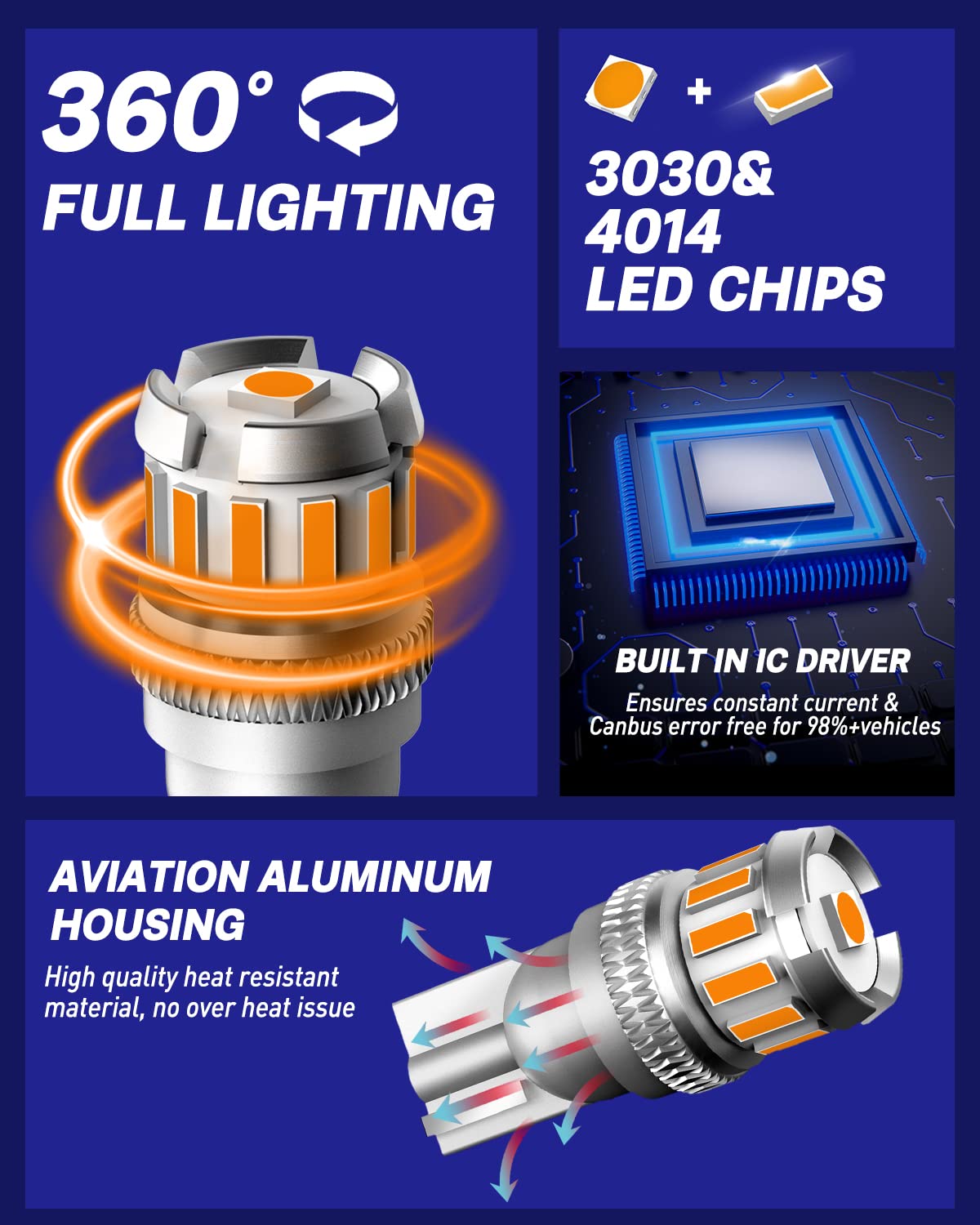 Autoone 194 Led Bulb Amber Yellow, Side Marker Lights 300% Brighter T10 168 2825 W5W Led Bulbs For License Plate Light Dome Map