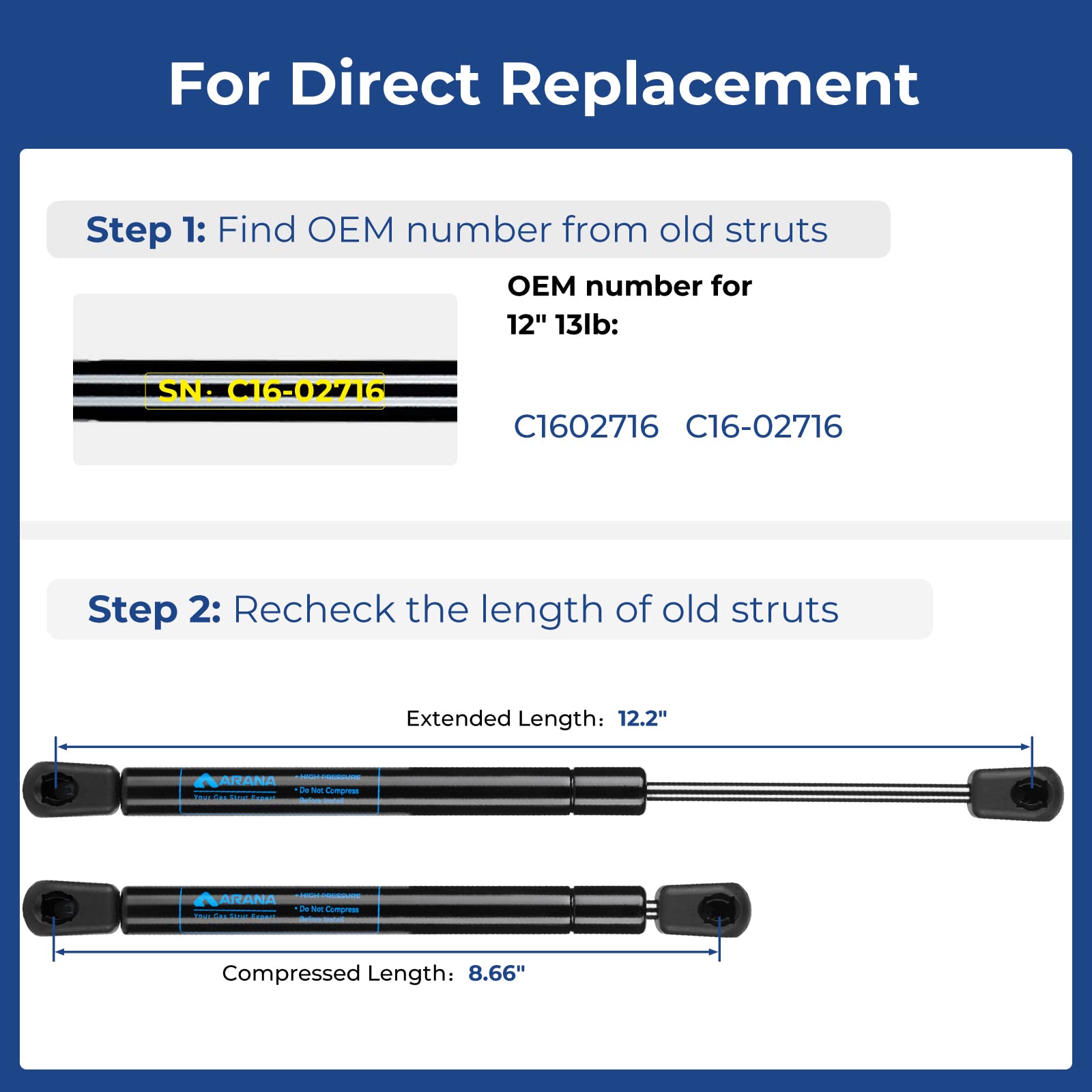Arana C16-02716 12 Inch 15 Lb/58N Gas Struts Spring Shocks C1602716 12 Inch 15Lb Lift Support For Pickup Truck Aluminum Toolbox,