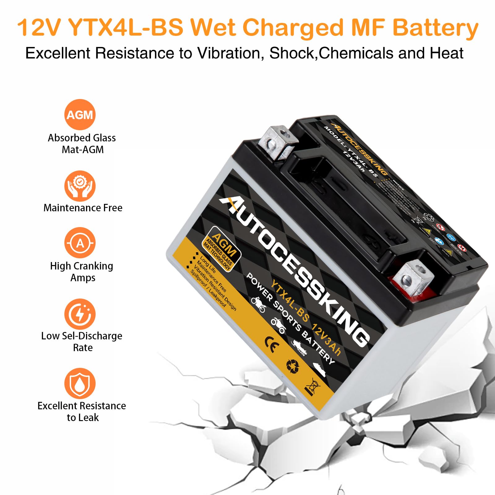 Autocessking YTX4L-BS 12V 3Ah Motorcycle Battery - Maintenance Free AGM Powersport Replacement for ATV and Scooter