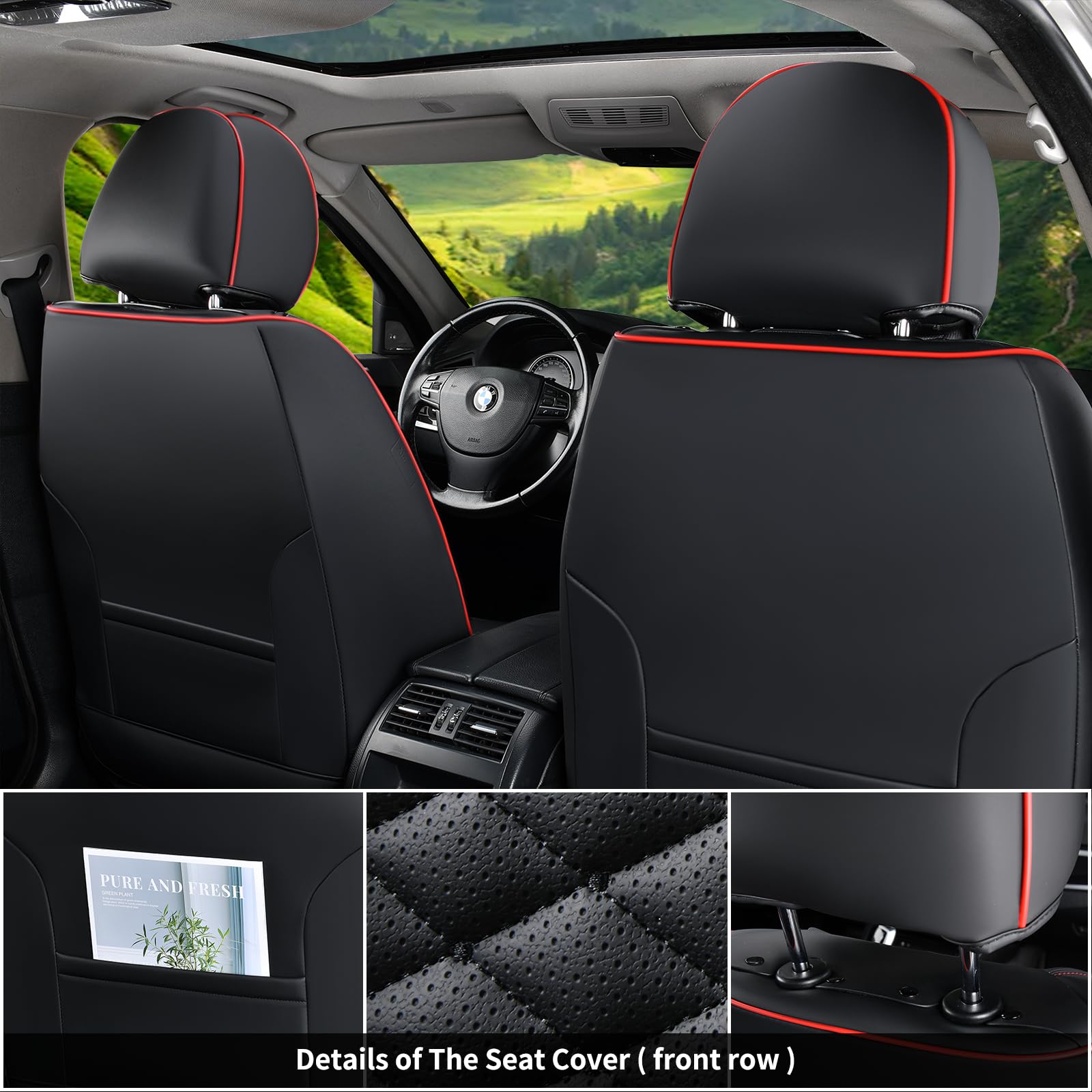 Coverado Full Set Waterproof Nappa Leather Car Seat Covers, Universal Fit for 5 Seats, Black&Red, Model SCU026