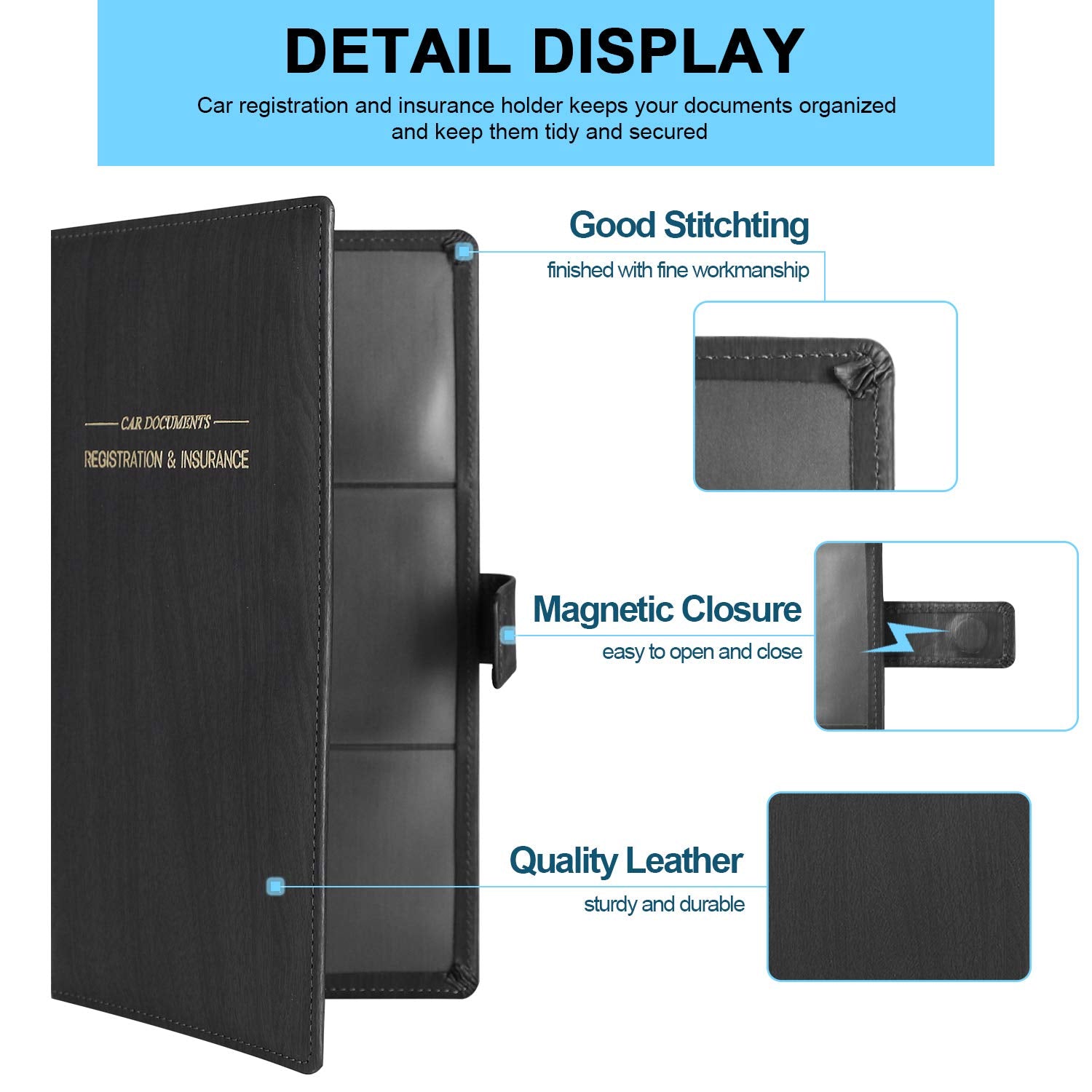 GNEGNI Dark Gray Leather Car Registration and Insurance Card Holder, Vehicle Document Organizer with Magnetic Closure for License & Cards