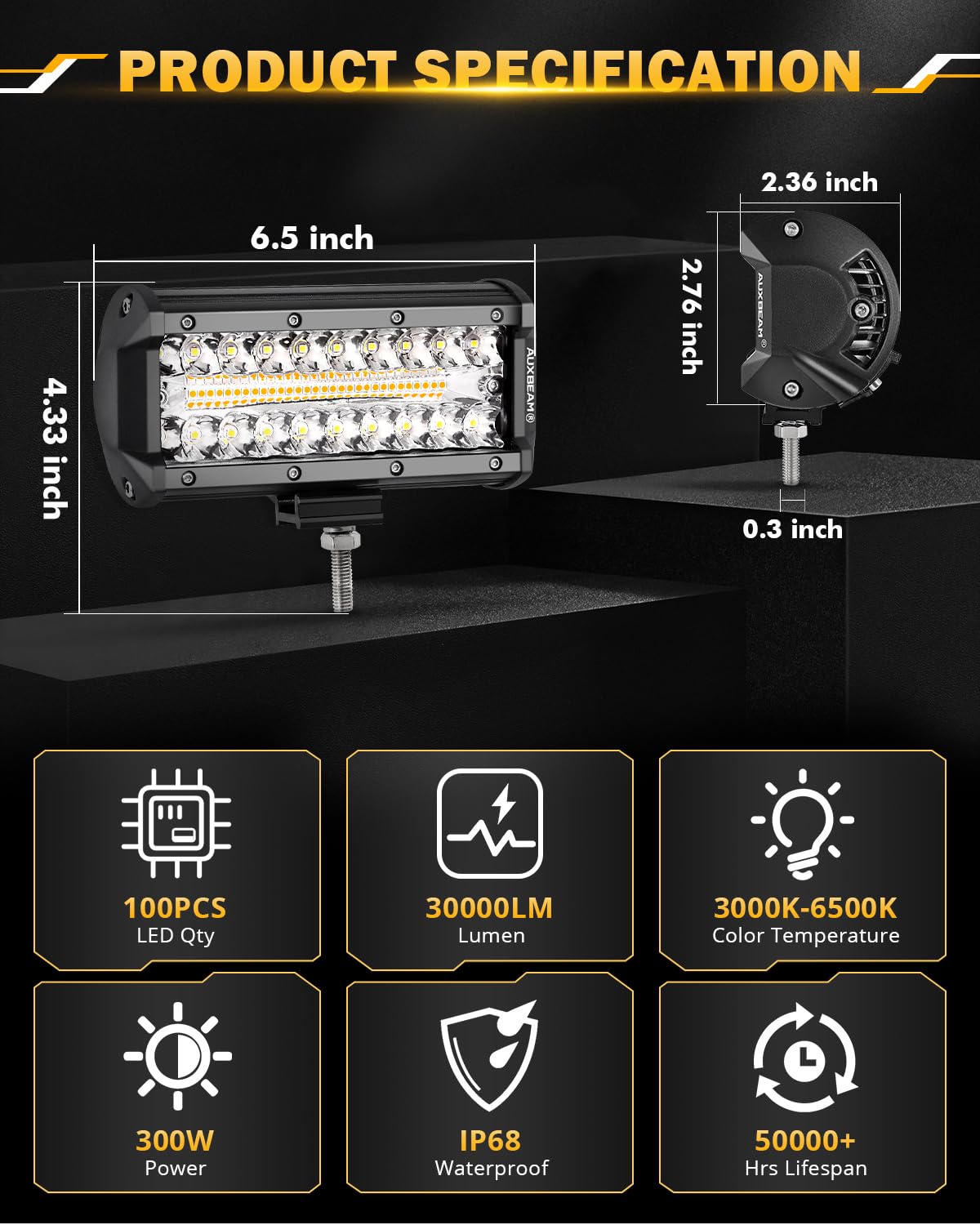 Auxbeam 7 Inch Strobe LED Light Pod - 300W 30000LM Amber White Fog Light with Wiring Harness, Aluminum, 6 Modes, 2 Year Warranty