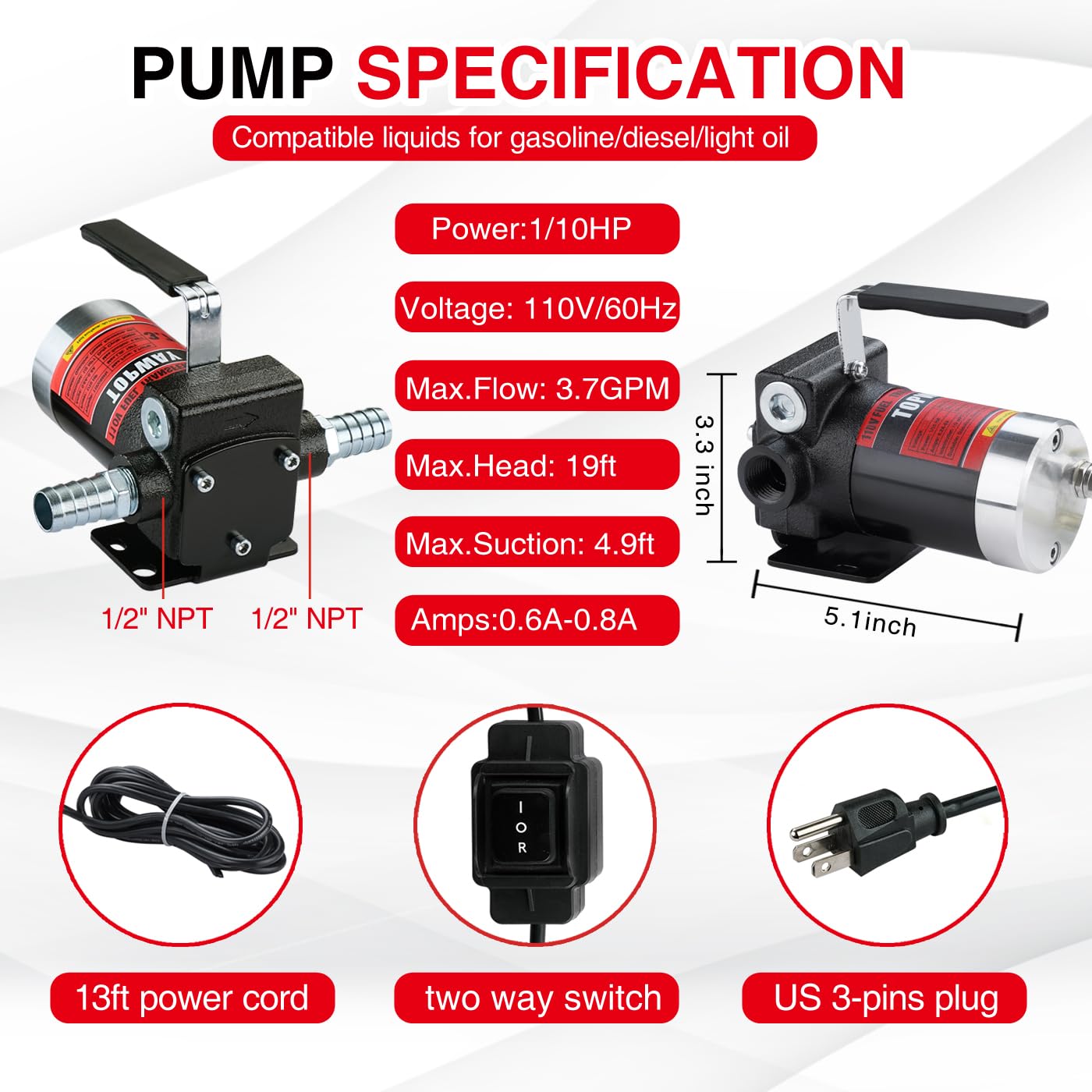 Topway 110V Gasoline Fuel Pump Kit, Self-Priming Oil Transfer Pump With Handle, Reversible Pumping, Overheat Protection, Explosi