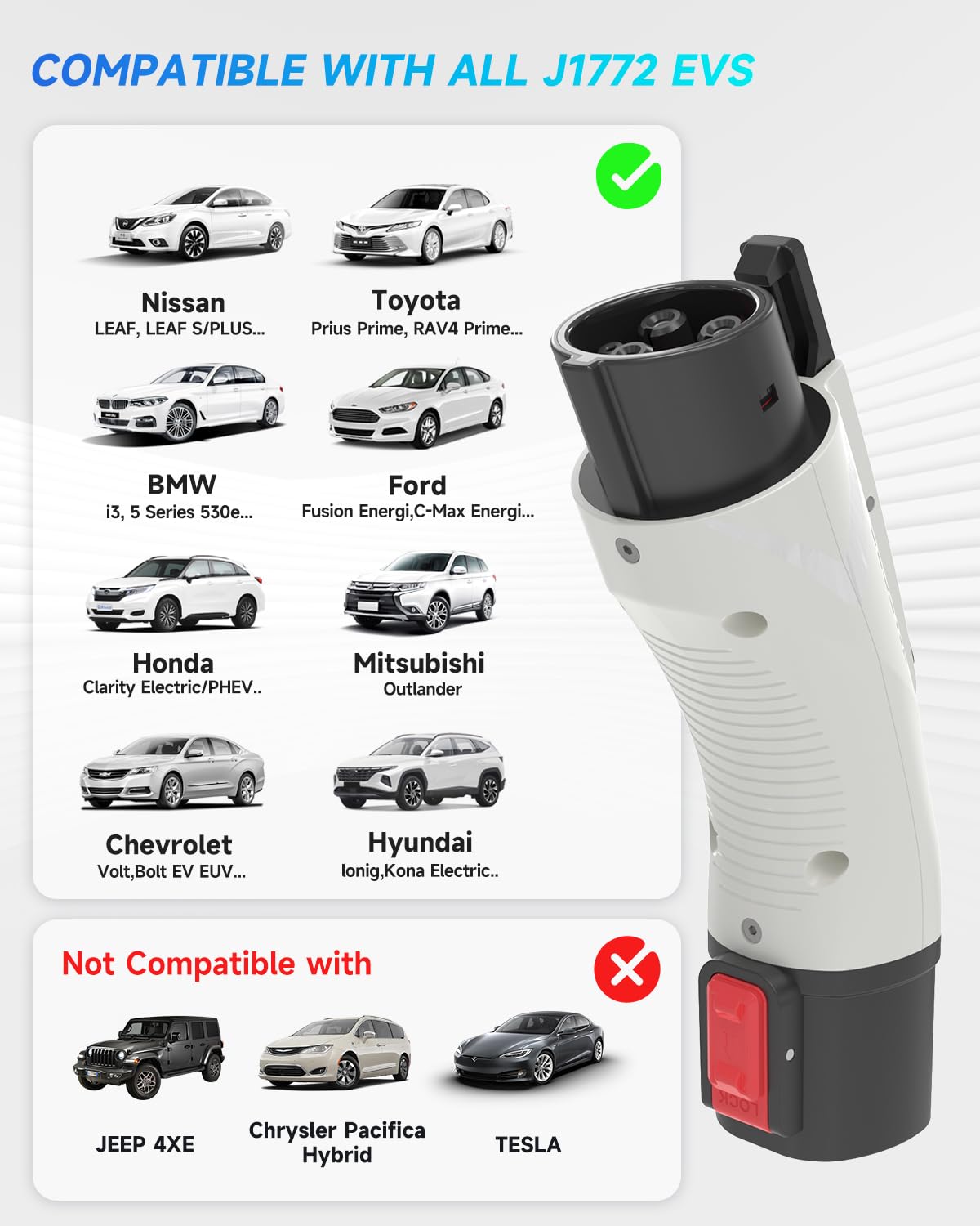 Tesla To J1772 Adapter, Tesla Charger Adapter Fit For J1772 Evs, Up To 60A 250V With Security Lock, Tesla To J1772 Ev Charging A