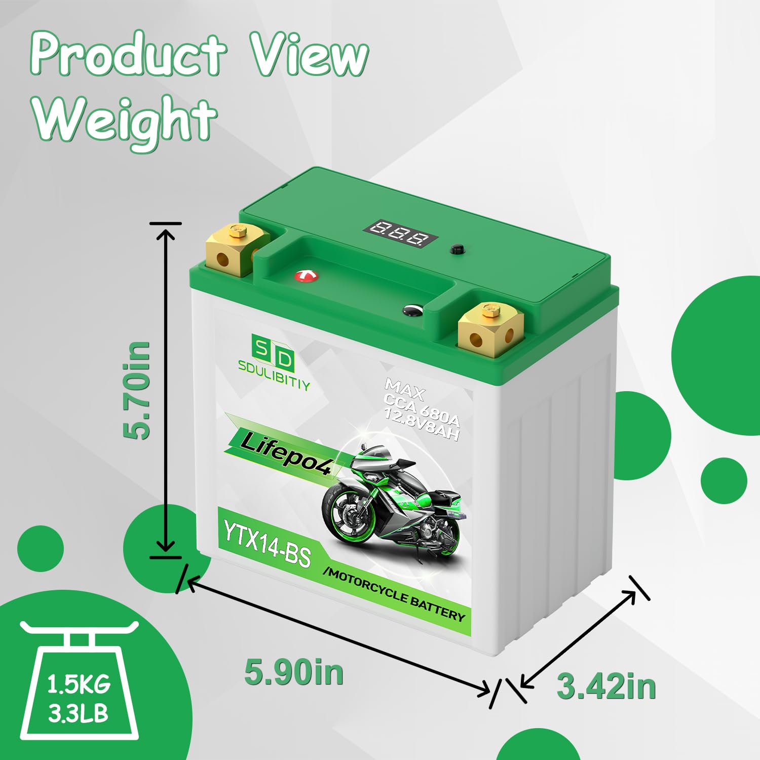 Lithium Motorcycle Battery LiFePO4 YTX14-BS 12.8V 8Ah 680CCA Powersports Battery For Motorcycle, Compatible ATV, UTV, Jet Ski,Ge