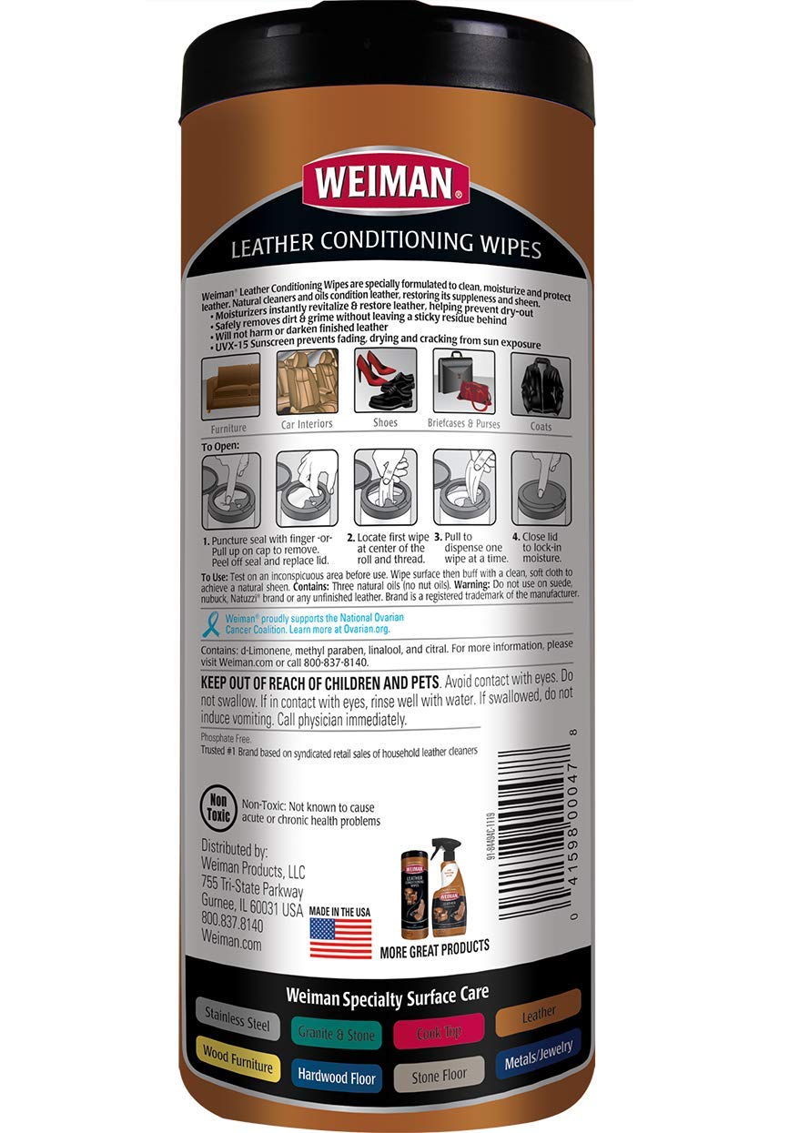 Weiman Leather Wipes - 2 Pack - Clean Condition Uv Protection Help Prevent Cracking Or Fading Of Leather Furniture, Car Seats & Interior, Shoes And More