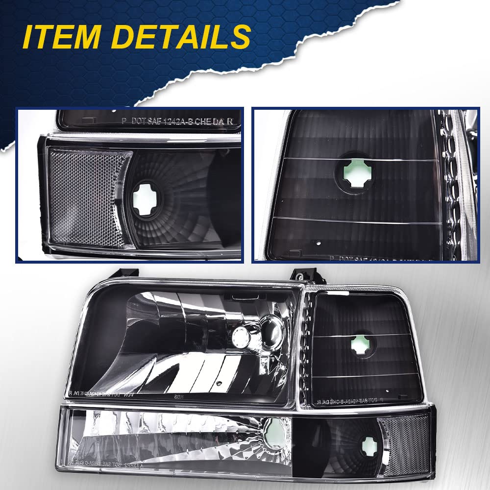 CHEDA Headlight Assembly for 1992-1996 Ford Bronco F150, 1992-1997 F250 F350, Halogen, Clear Lens Black Housing, 6pc Set