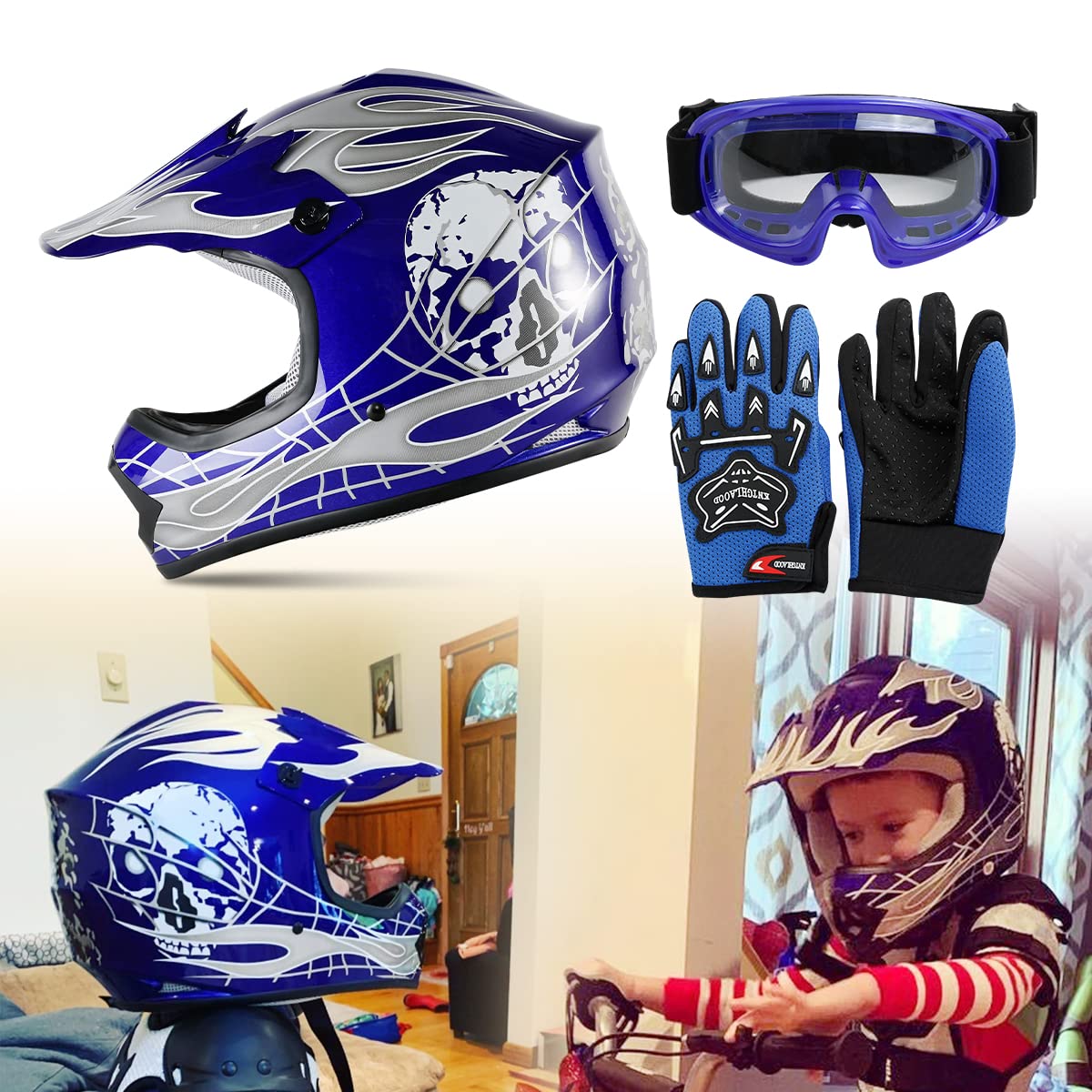 SLMOTO Youth Motocross Helmet, Blue Skull Design, Medium, ABS Material, Includes Goggles & Gloves
