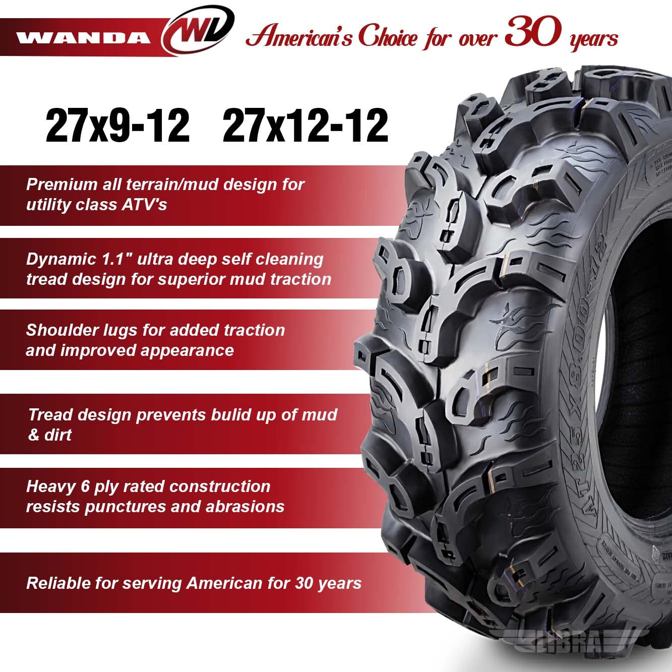 Wanda Set Of 4 New Premium Atv/Utv Tires 27X9-12 Front & 27X12-12 Rear /6P Super Lug Mud