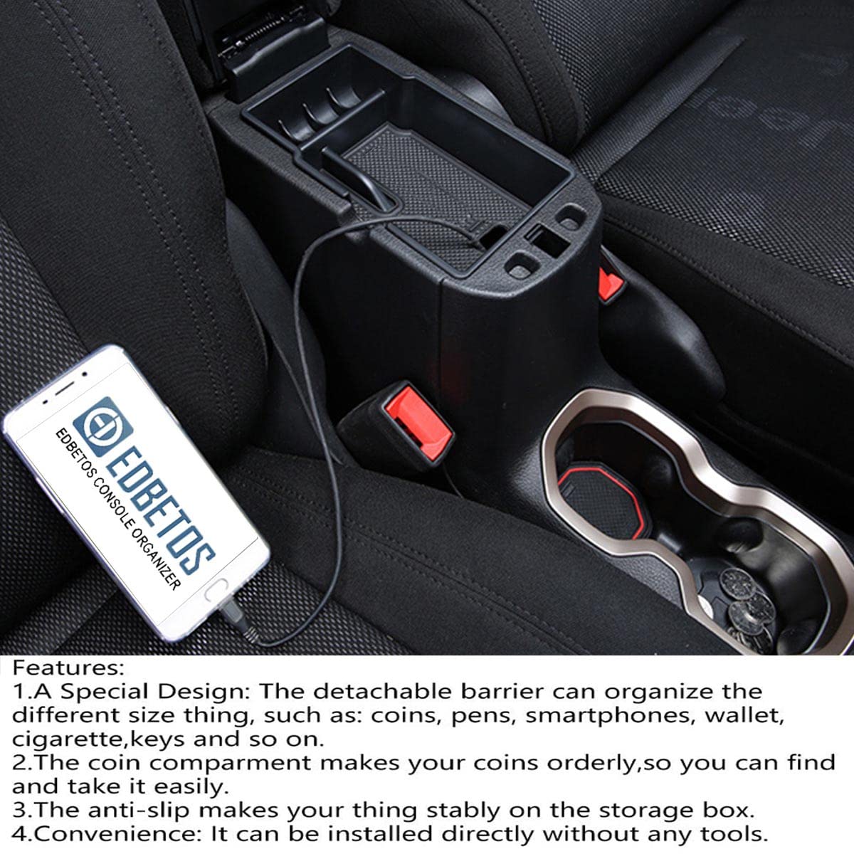 EDBETOS Center Console Organizer Tray for Jeep Renegade 2015-2022, Premium ABS Plastic, Orange Trim, Model 768008-Org