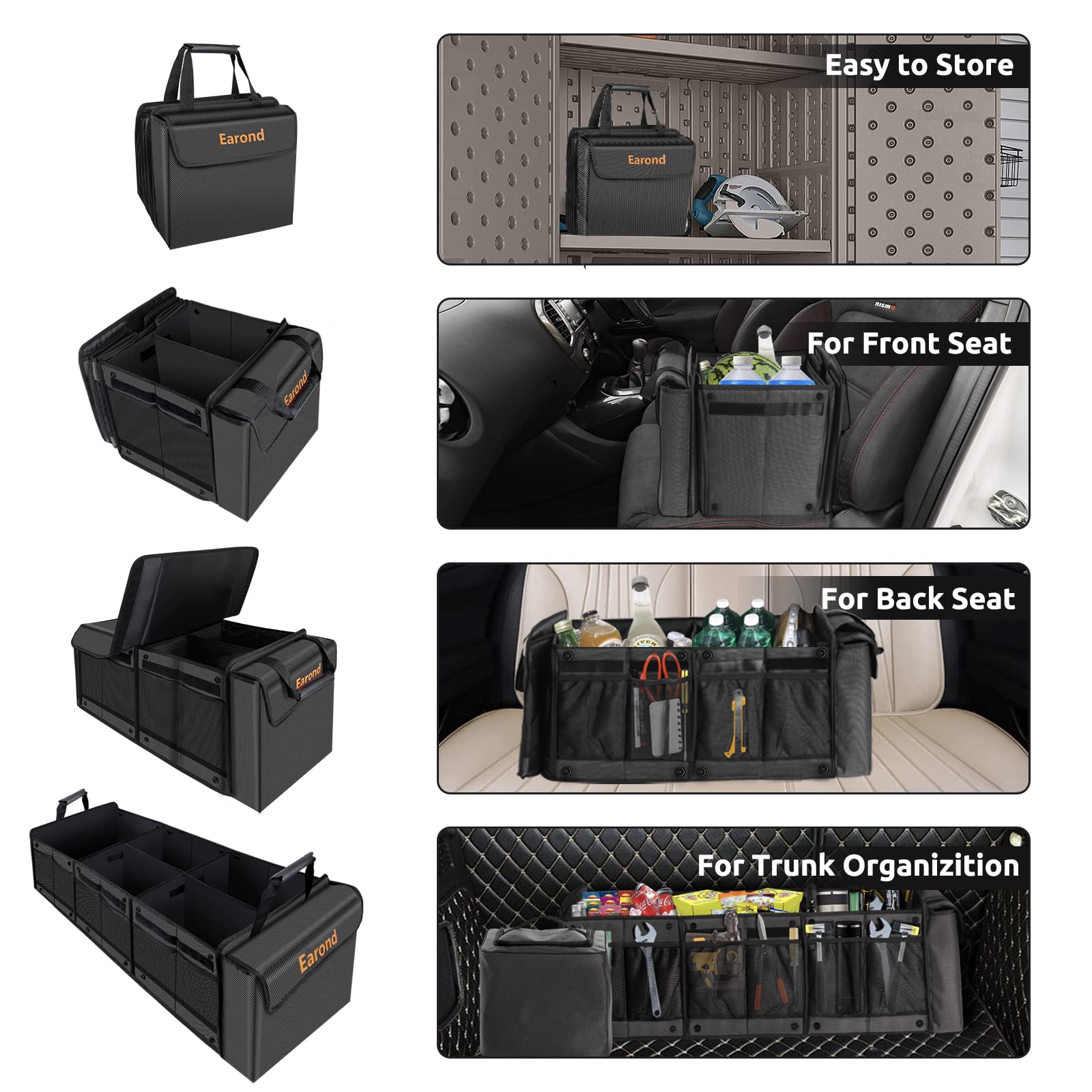 EAROND Car Trunk Organizer with Cooler Bag, Foldable, Adjustable Straps, Grey, Collapsible for SUV, Truck, and Other Vehicles