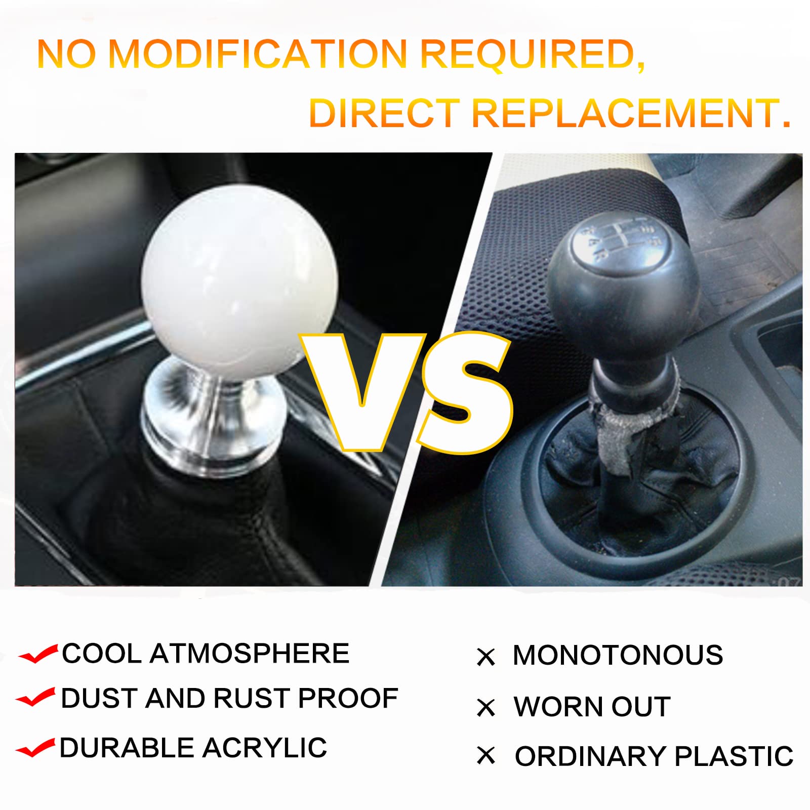 YIUIY Round Ball Shift Knob - Universal 5/6 Speed Gear Shift Knob, Acrylic, Pure White, Manual & Automatic Vehicle Adapters