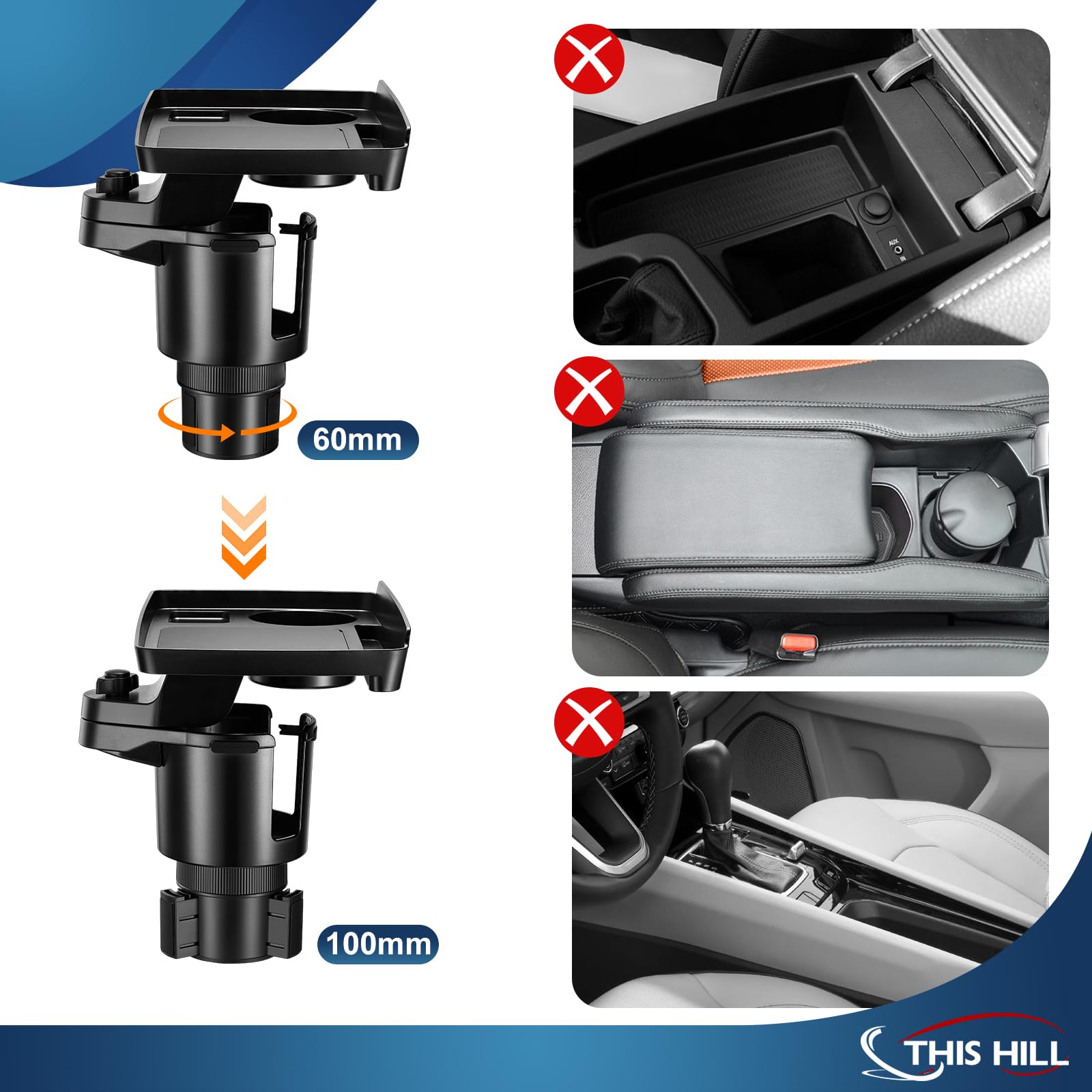 This Hill Cup Holder Tray for Car, 2 in 1 Detachable Car Food Table Tray with Solid Base & Phone Slot,Car Cup Holder Expander wi