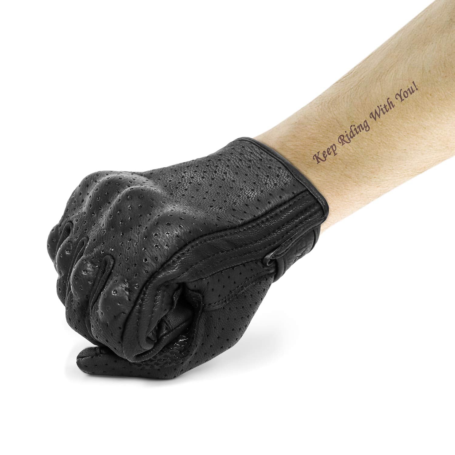 Updated Goatskin Leather Motorcycle Gloves Men Touchscreen Anti-Slip Motorbike Riding Gloves For Men (Updated,Perforated, L)