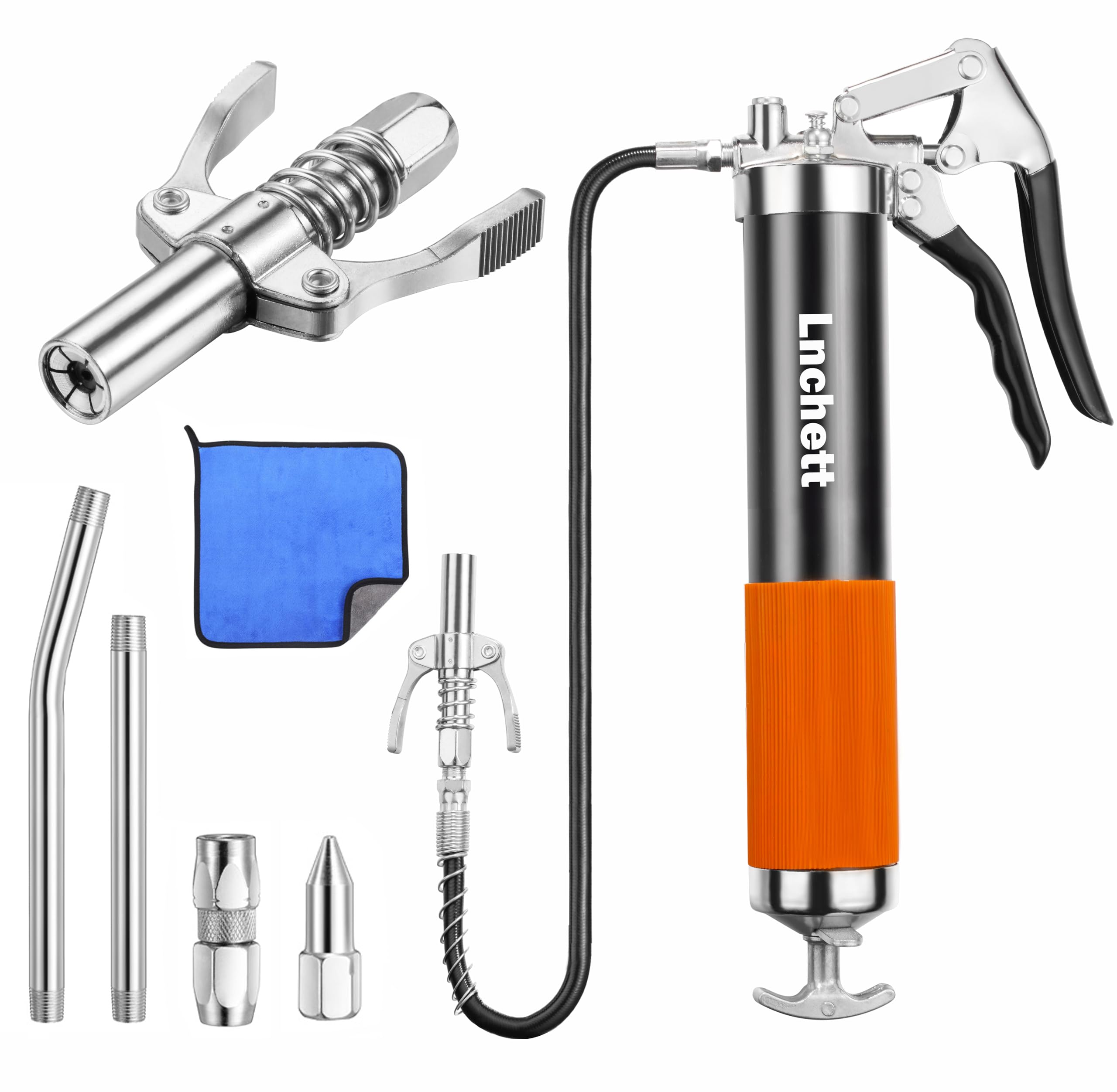 Lnchett Grease Gun With Quick Release Coupler And Towel, 9000 Psi Professional Heavy Duty 14 Oz Grease Gun With 18 Inch Spring F