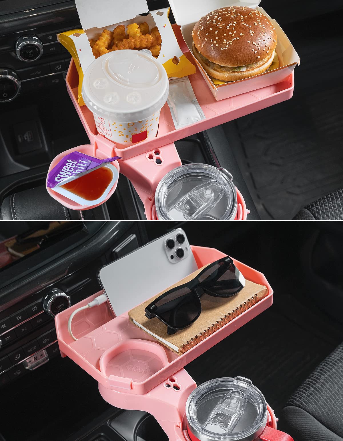 JOYTUTUS Cup Holder Tray for Car, 360° Rotating, Pink, Fits Yeti/Hydro Flask, Detachable Food Table, 1 Pack