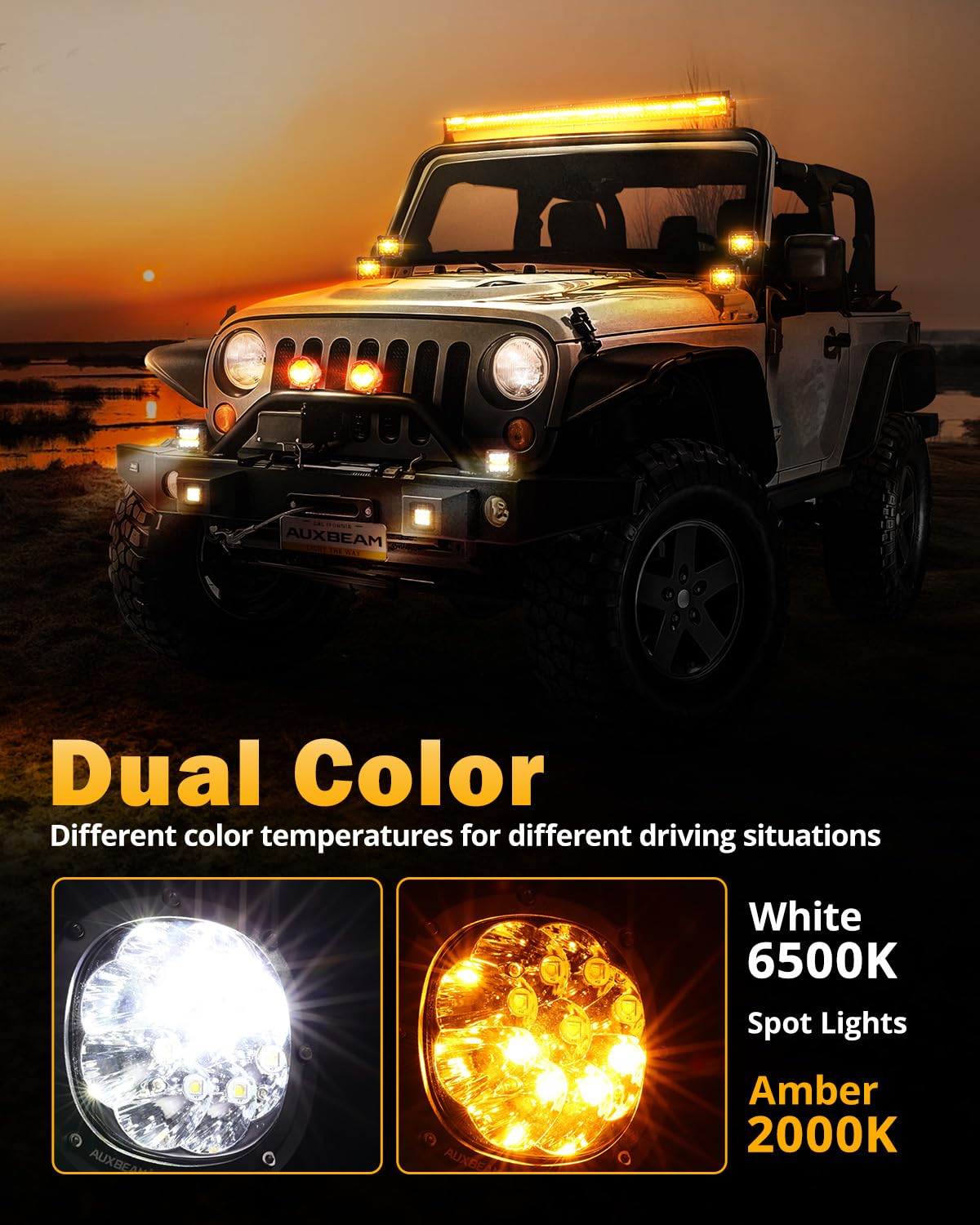 Auxbeam 6 Modes Amber White Round Led Offroad Lights, 4Inch 90W Dual Color Strobe Light Bar Off Road Fog Lights, Spot Beam Flash