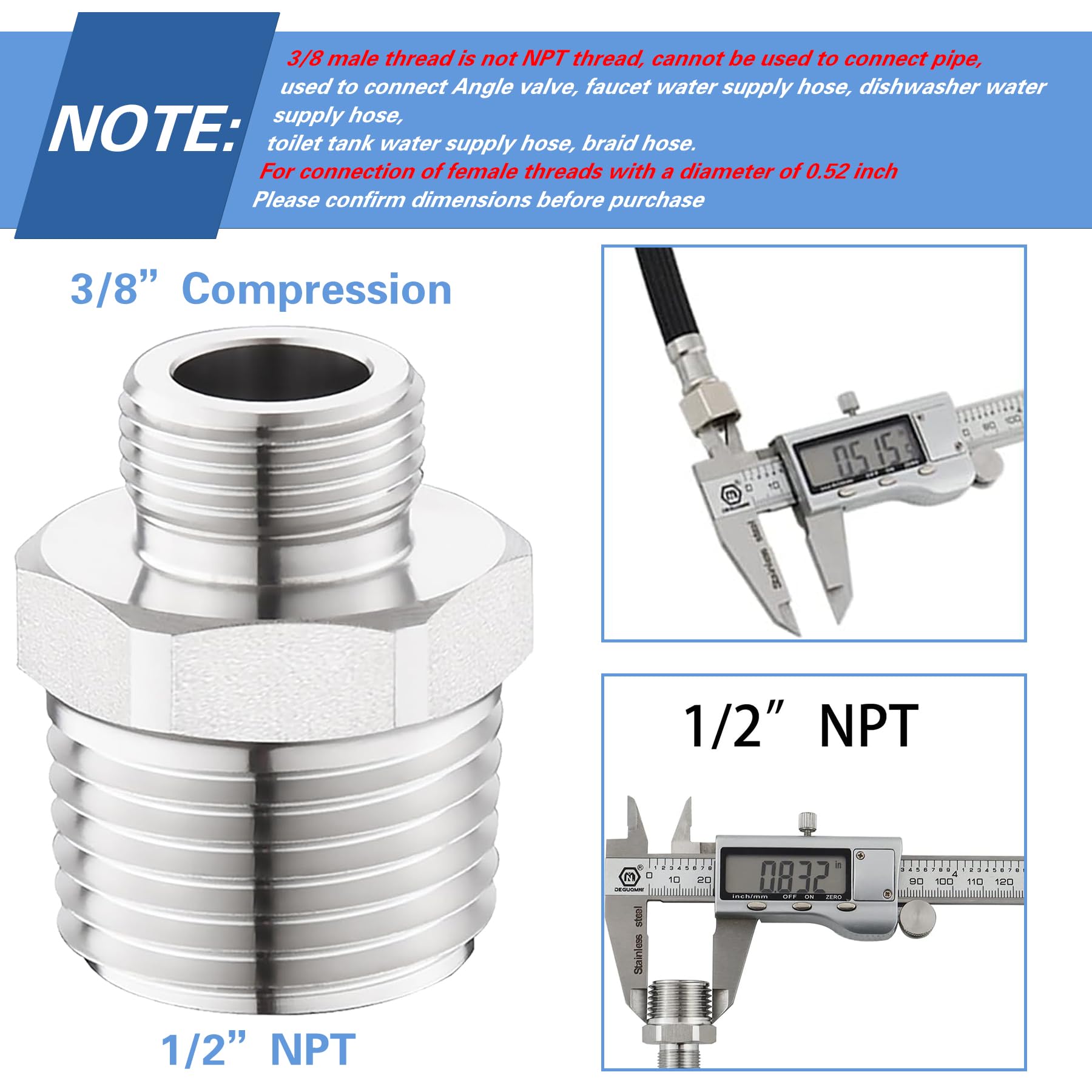 Carvedexquisitely RV Faucet Adapter, Stainless Steel 304, NPT 1/2" to Compression 3/8", 2 Pack, Model 1238rfa