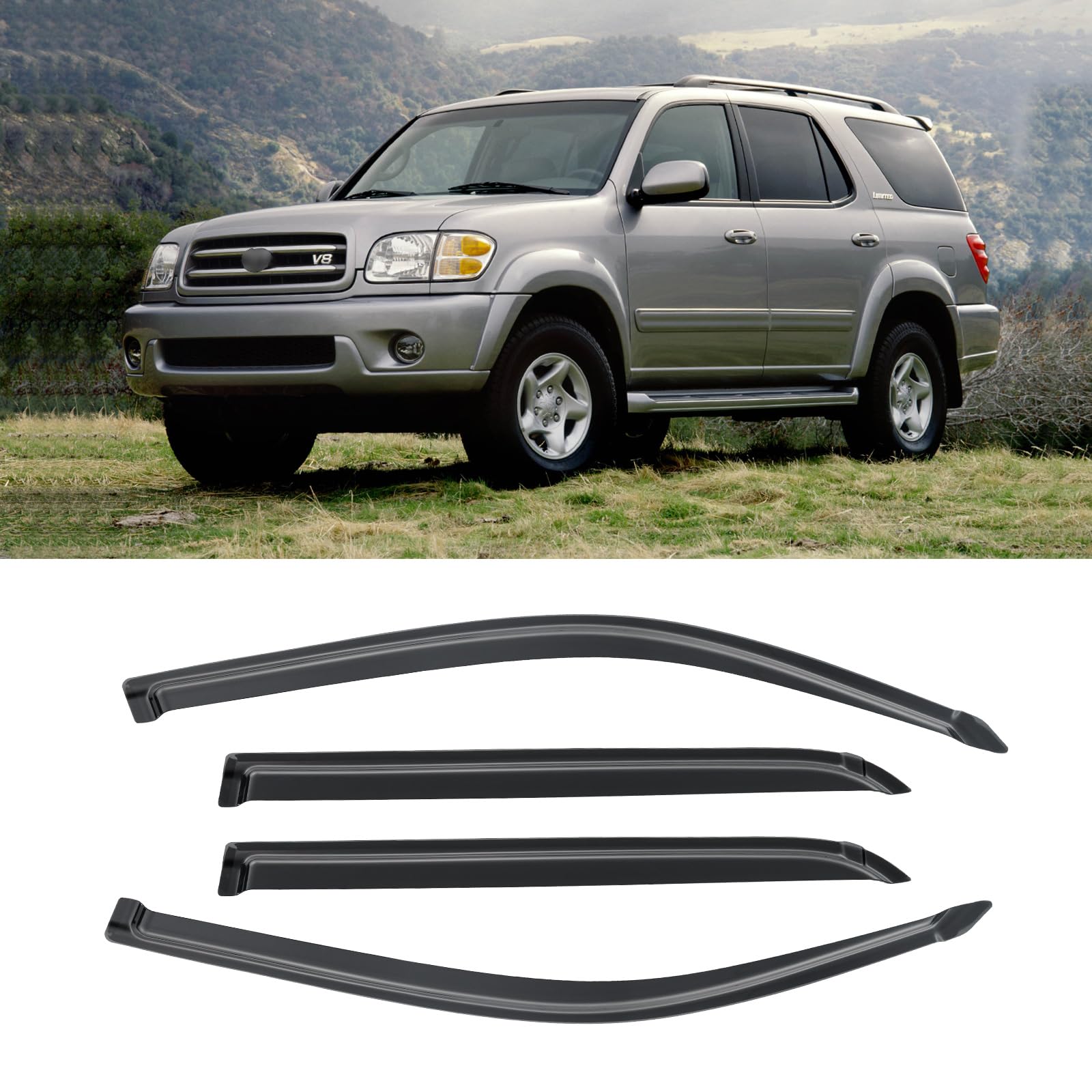 CMVT Auto Window Visor for 2001-2007 Toyota Sequoia, Acrylic Rain Guard, Dark Smoke, Model 093MV-TS0107-N, 4PCS
