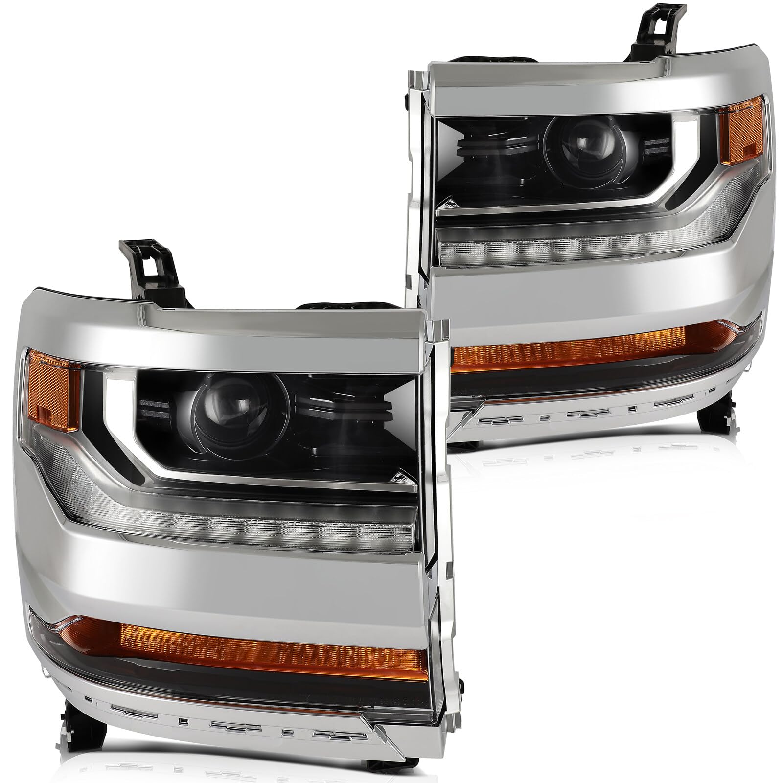 LBRST Headlight Fit 2016-2018 for Silverado 1500, 2019 for Silverado 1500 LD Chrome Housing Amber Reflector Pair Headlight Assem