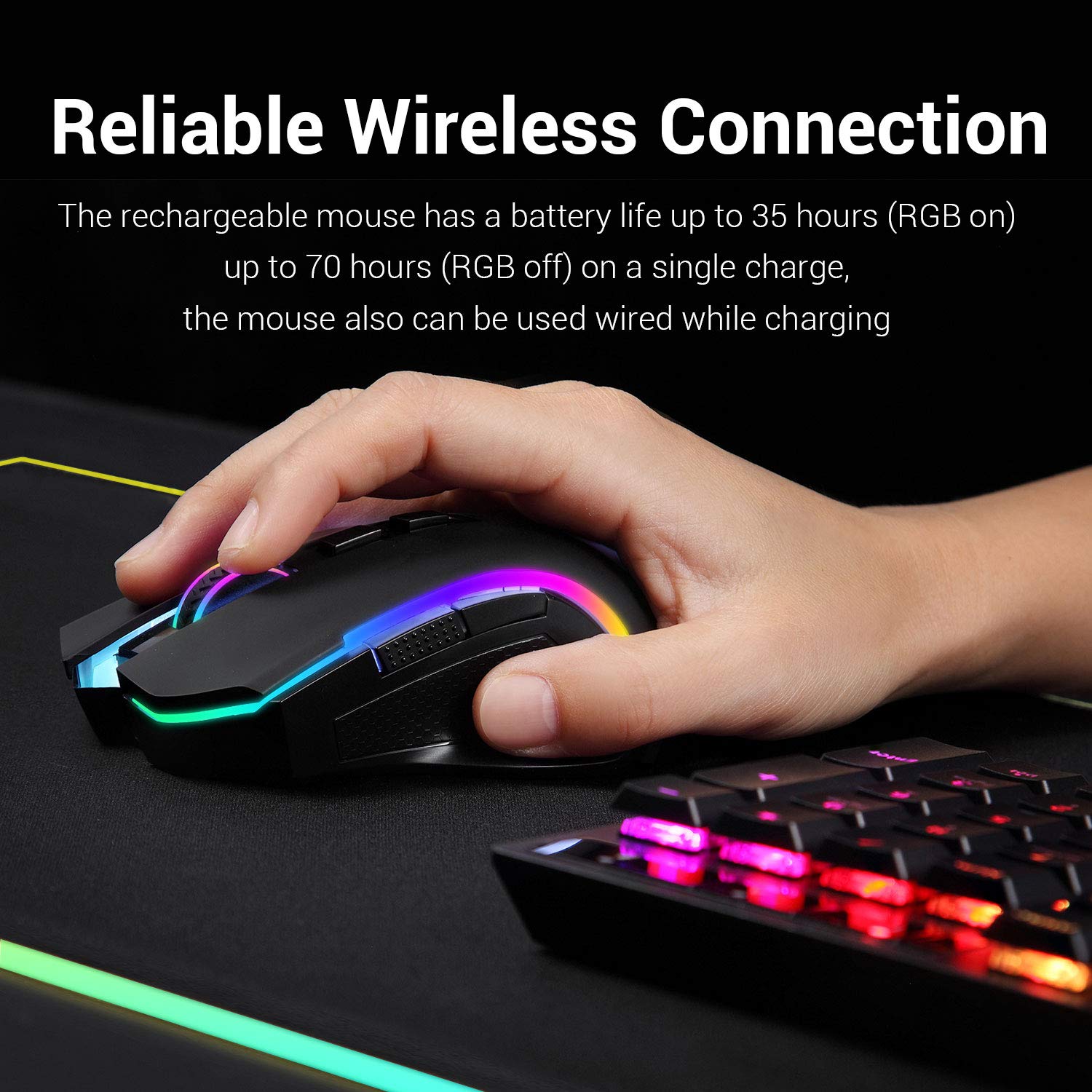 Redragon M602 Griffin Wireless RGB Gaming Mouse, Ergonomic, 7200 DPI, 7 Backlight Modes, Black, Model M602-KS