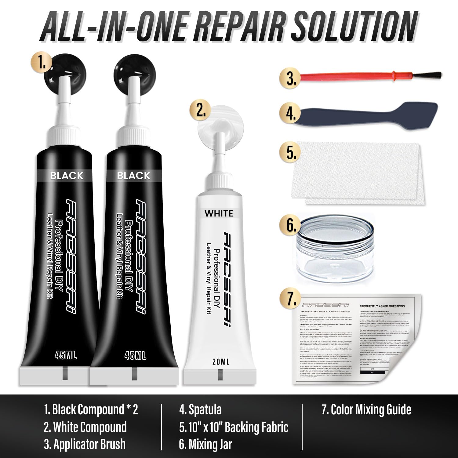 ARCSSAI Leather Repair Kit, 7 Piece Set, Black, for Sofa, Jacket, Car Seats, and Purse, Easy Color Match, Model RMB09732