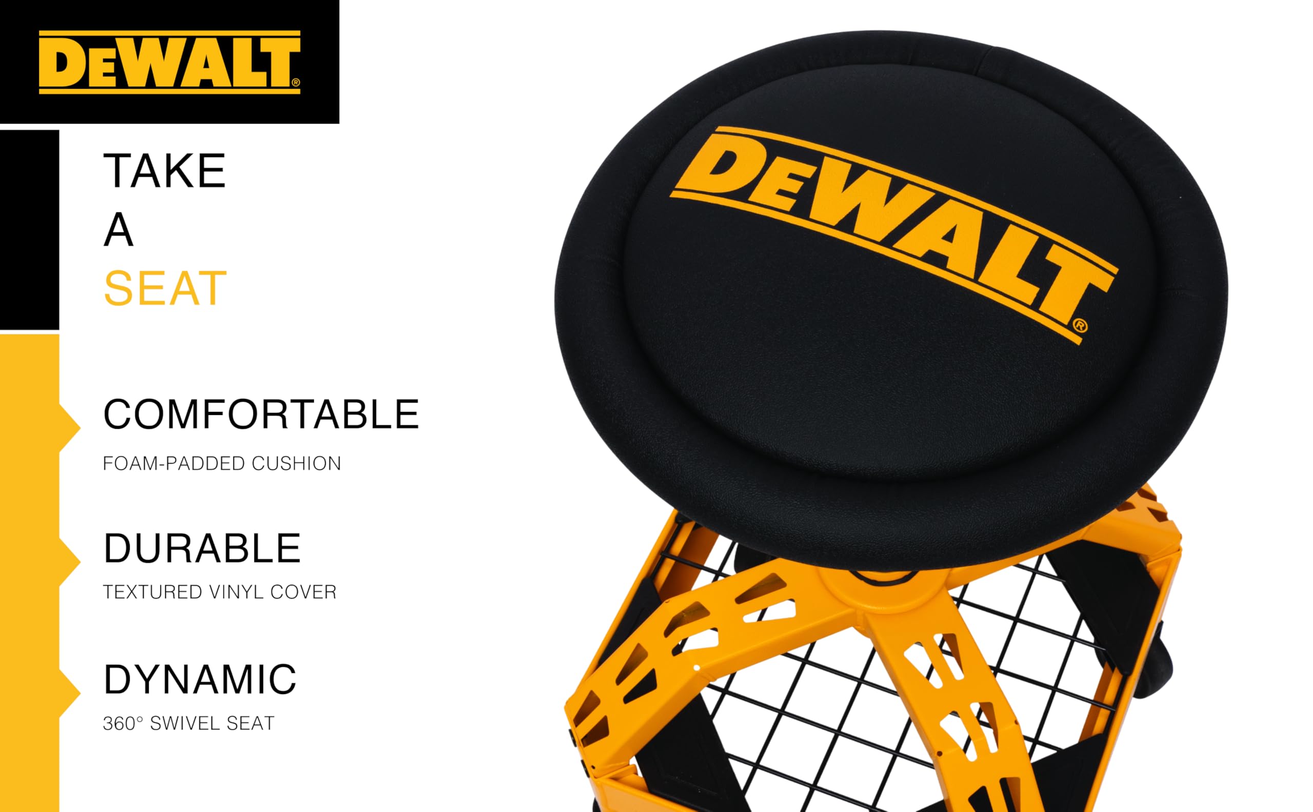 DEWALT Heavy-Duty Metal Rolling Stool, Padded 360-Degree Swivel Seat, Durable Steel Frame, Yellow and Black, Model DXSTCS025