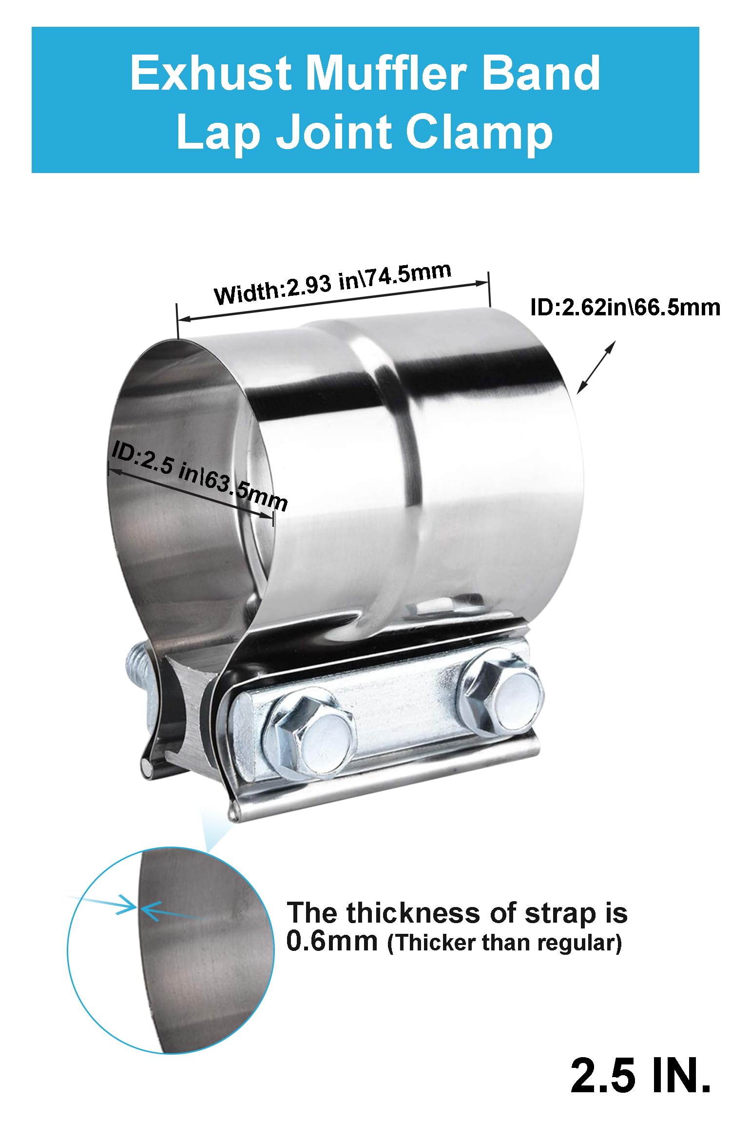 2.5 Inch Exhaust Clamps,Lap Joint Band Clamp 2 Packs,2 1/2 Exhaust Muffler Band Clamp,304 Stainless Steel Pipe Repair Clamp Deco