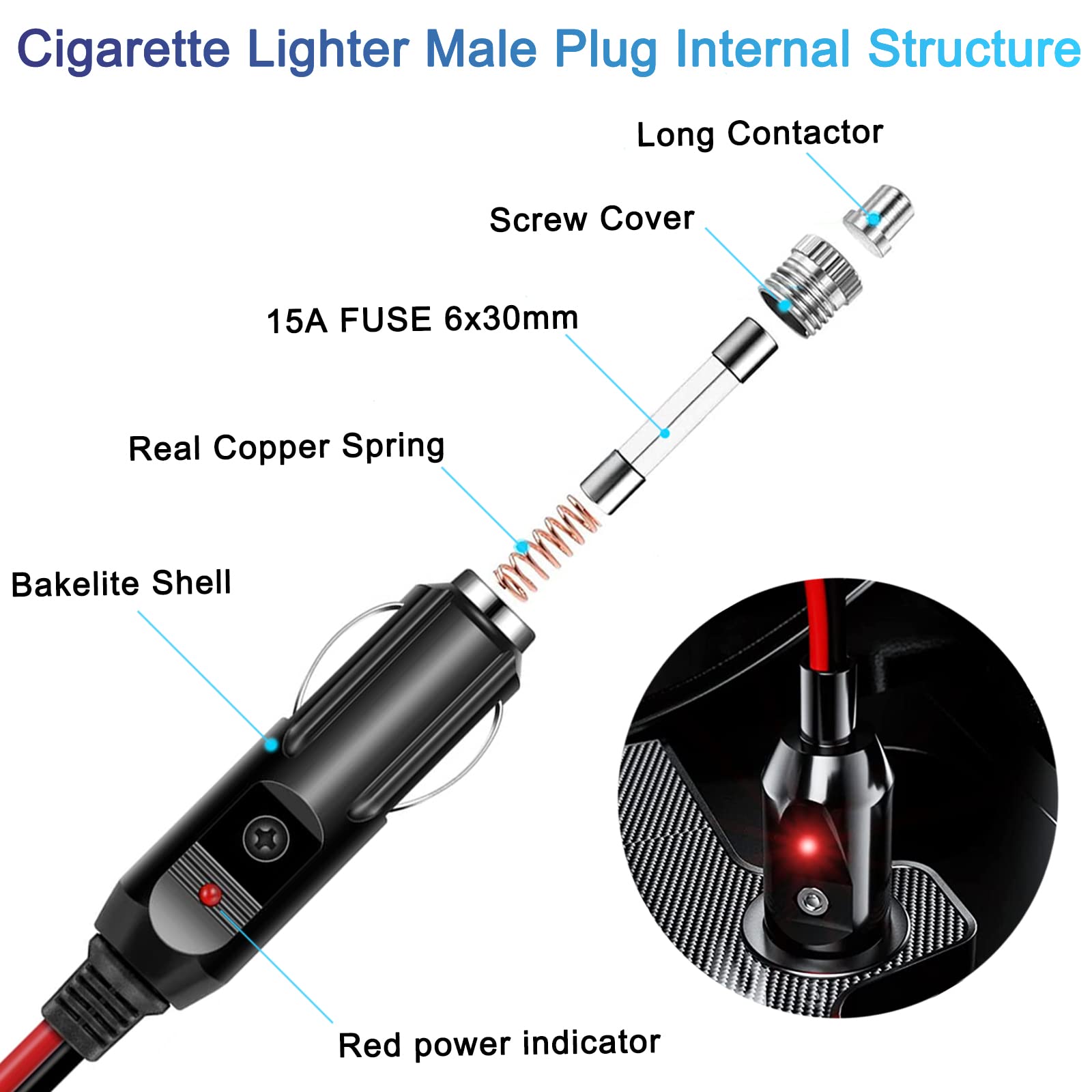 Rwujilong 12V/24V Heavy Duty Cigarette Lighter Extension Cord 26Ft 16Awg With Led Light For Car Vehicle Tire Pump Air Compressor Refrigerator Coffee Maker Etc. (1*Spare Fuse)