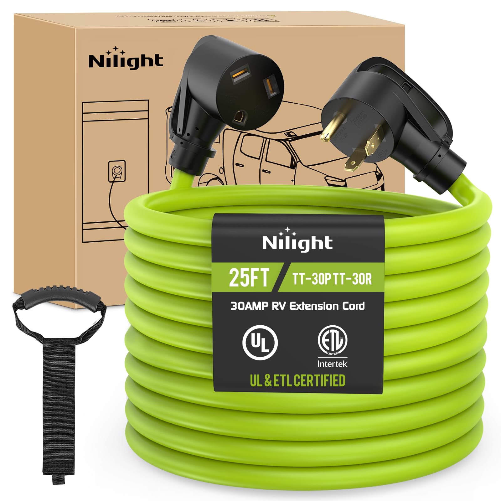 Nilight 25Ft 30 Amp Rv Extension Cord 125V Heavy Duty 10/3 Gauge Pure Copper Stw Wire Ul Etl Listed 3 Prong Tt-30P Tt-30R Weathe
