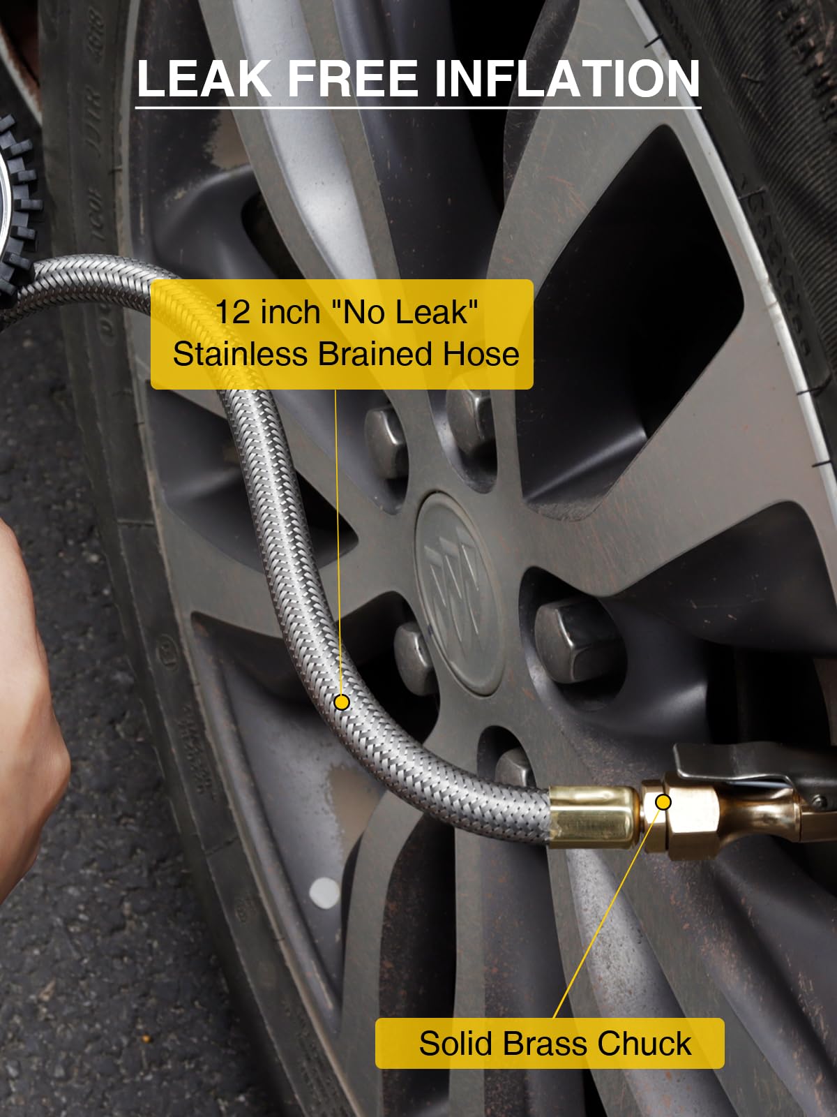 AZUNO Digital Tire Pressure Gauge 255PSI with Steel Braided Hose & Quick Connect Coupler for Trucks, Cars, SUVs, RVs, Bikes