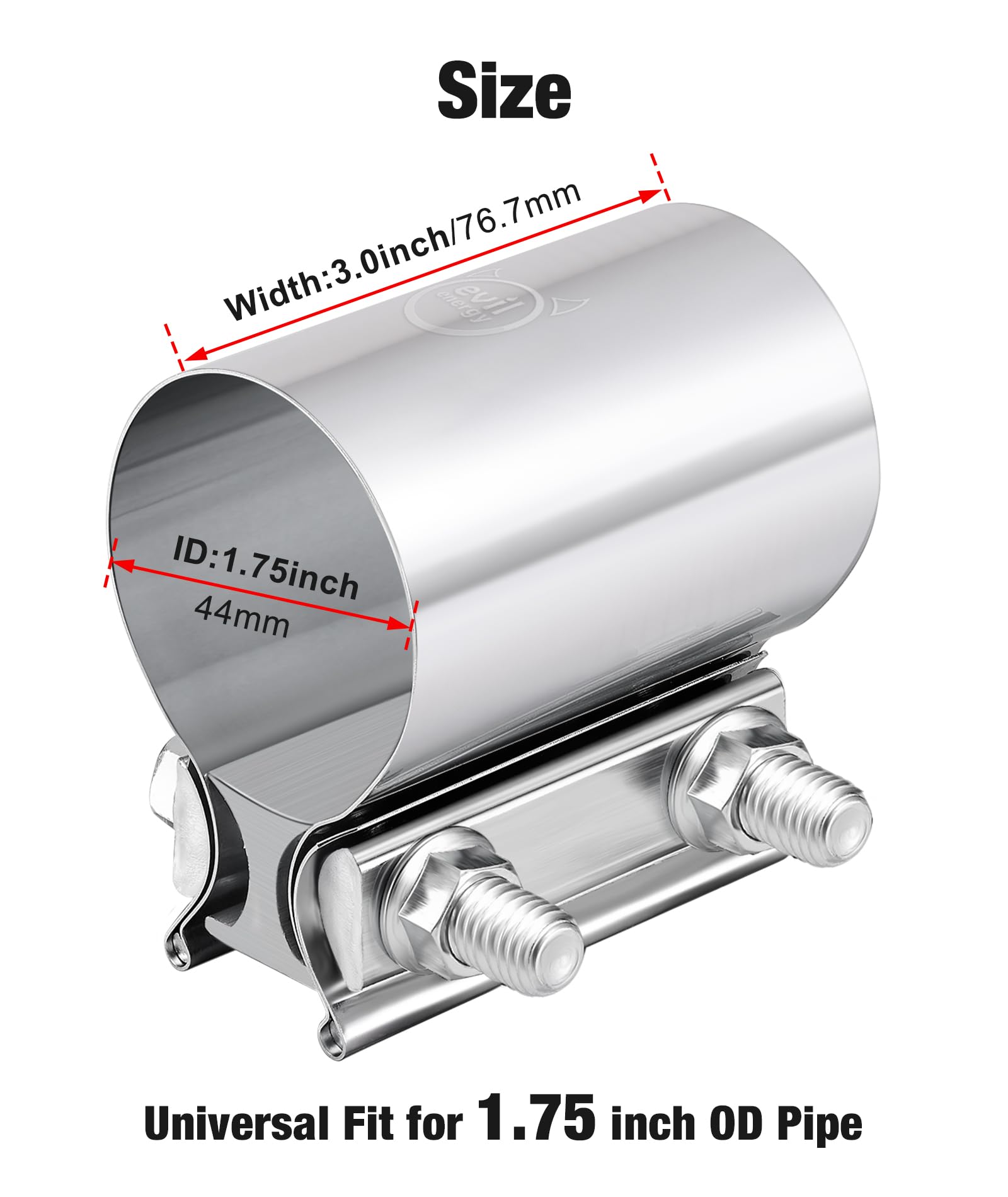 Evil Energy 1.75 Inch Exhaust Clamp,1 3/4'' Butt Joint Band Clamp Sleeve Coupler Stainless Steel For Pipes,Mufflers,Catalytic Co