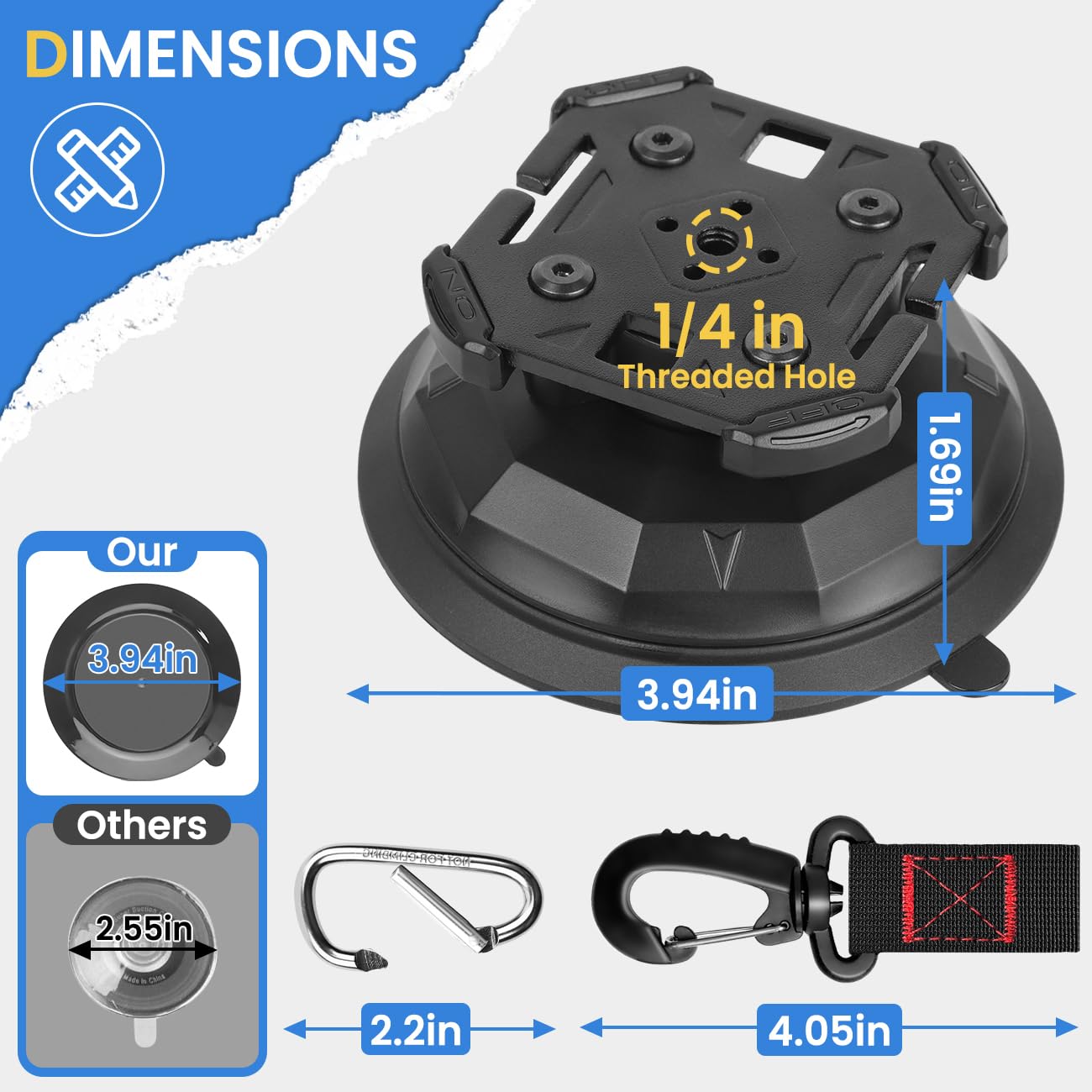HLOGREE 4PCS Heavy Duty Rotating Vacuum Suction Cups - Strong Anchor Hooks for RV Awning, Camping, Outdoor Use, Black
