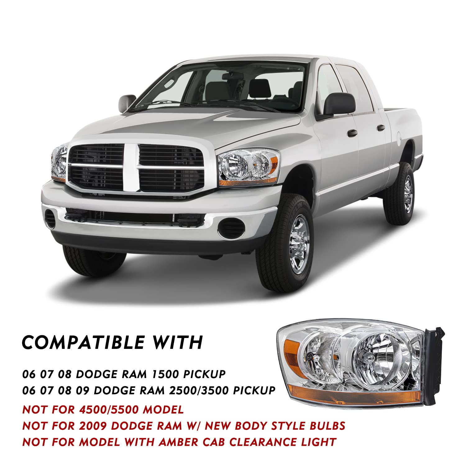TUSDAR Headlight Assembly Set for 2006-2008 Dodge Ram 1500, 2007-2009 2500/3500, Chrome Housing, w/o Bulbs,