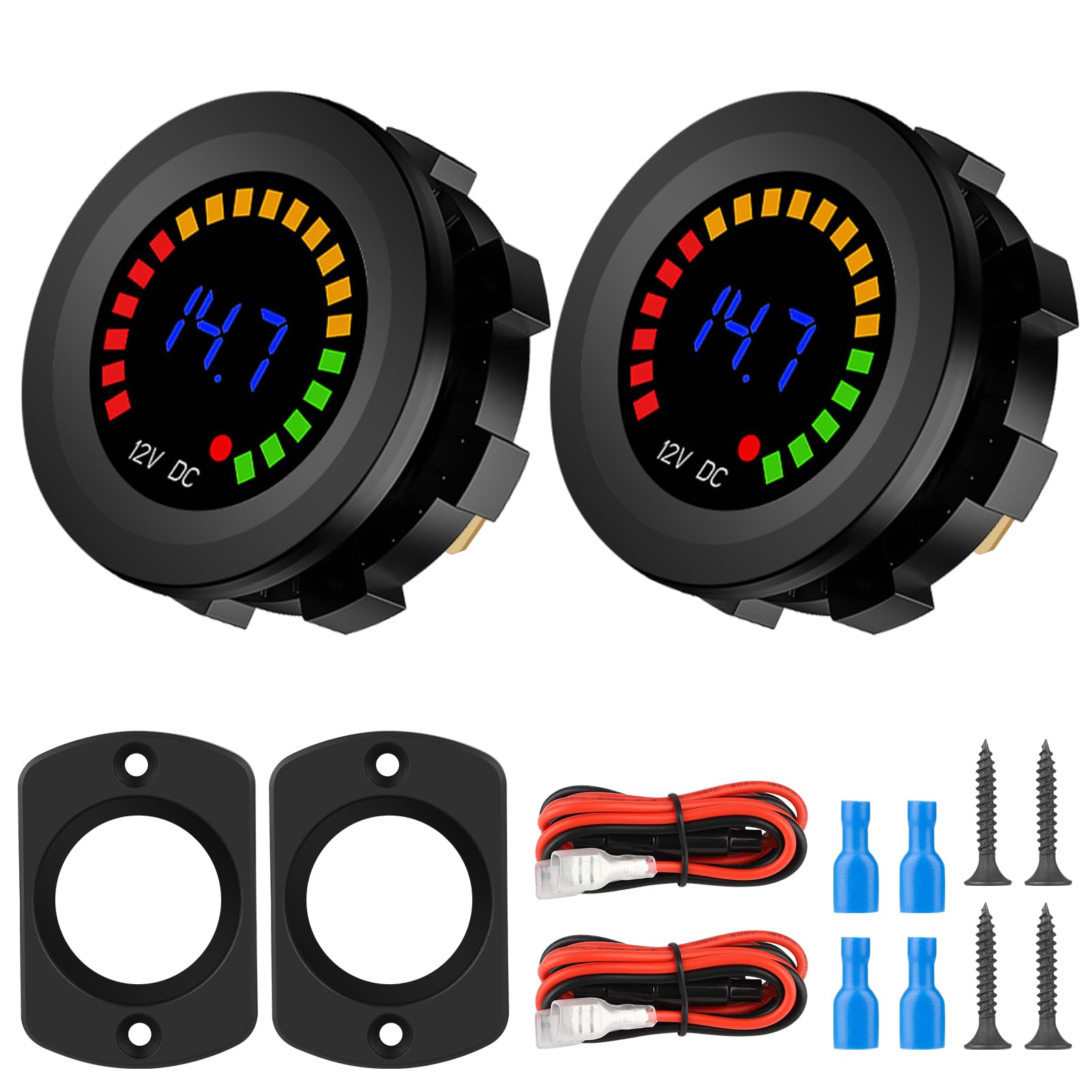 2Pcs Battery Meter, Waterproof Dc 12V Voltmeter Waterproof Led Digital Display Voltage Gauges Round Car Voltmeters Meter Voltage