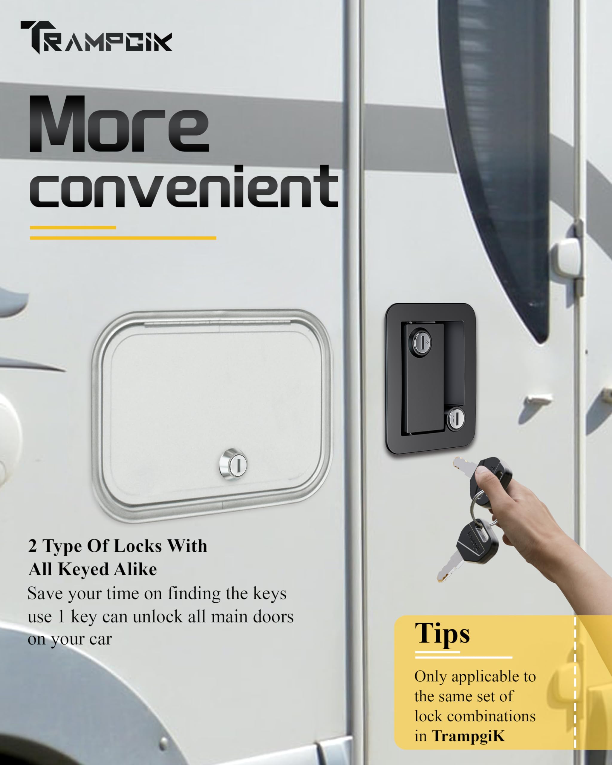 TrampgiK RV Door Lock Set - 3 Pack of Black & Chrome Locks, 7/8" Size, Keyed Alike, Includes Storage Locks for Camper & Travel Trailer