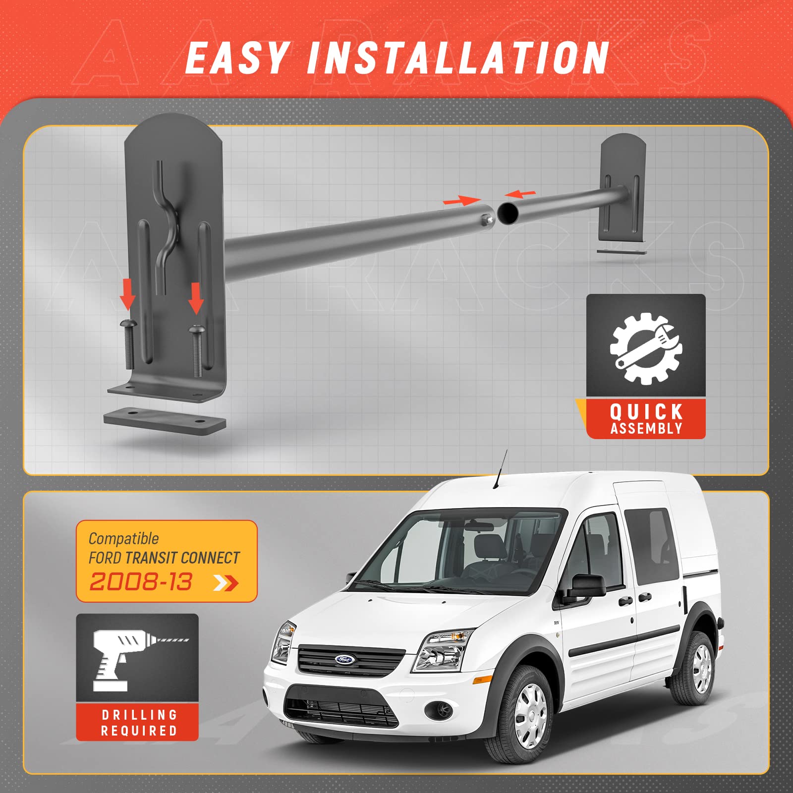 AA-Racks DX36 Steel 2 Bar Ladder Rack System for Ford Transit Connect 2008-13 - Sandy Black