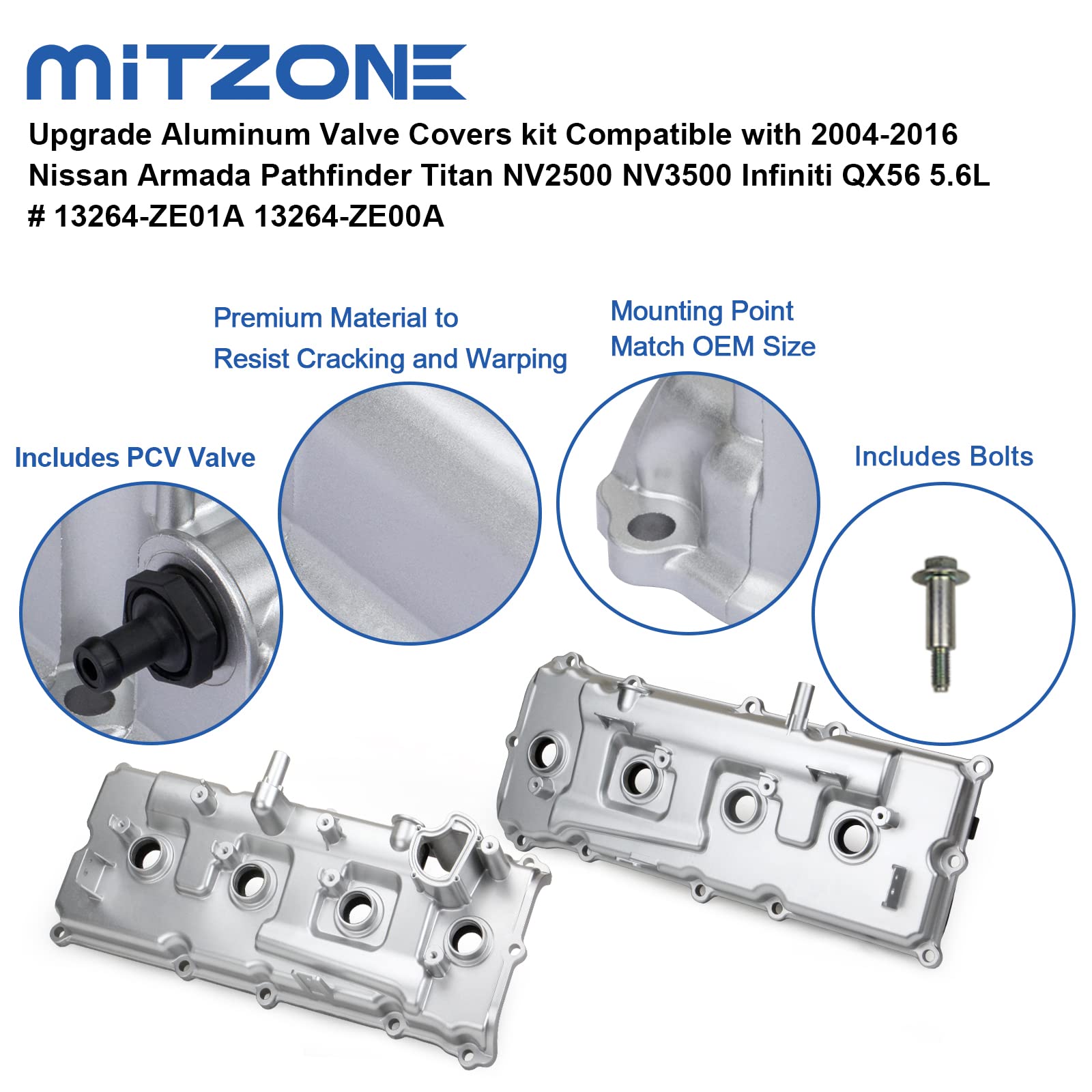 MITZONE Aluminum Valve Covers Kit for Nissan Armada/Pathfinder/Titan NV3500 QX56 5.6L - Upgrade Silver Finish, Compatible Parts #13264-ZE01A/ZE