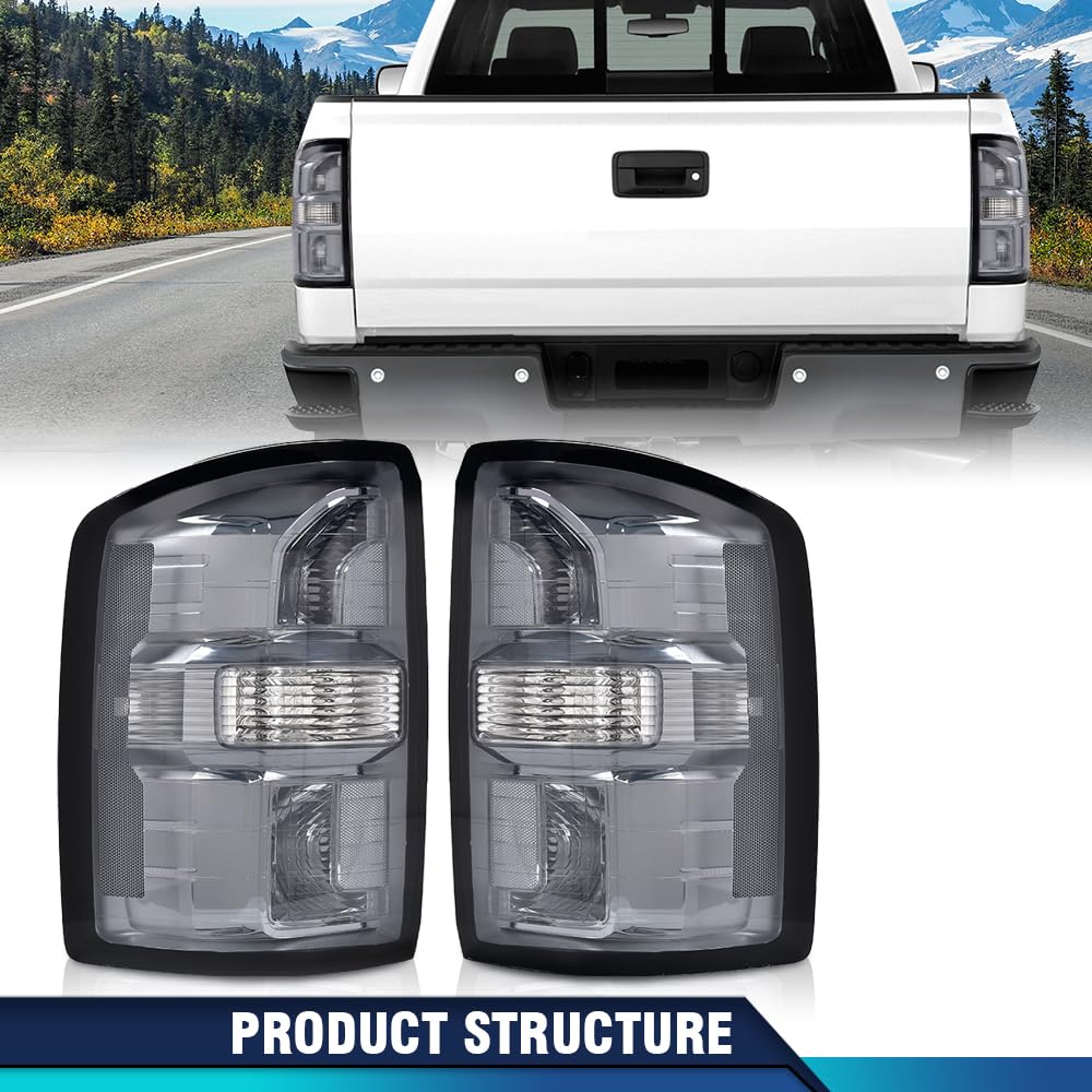 PIT66 Smoke Lens Tail Lights for GMC Sierra 1500/2500/3500 HD 2014-2019, PMMA & ABS, Left & Right Rear Lamp Assembly