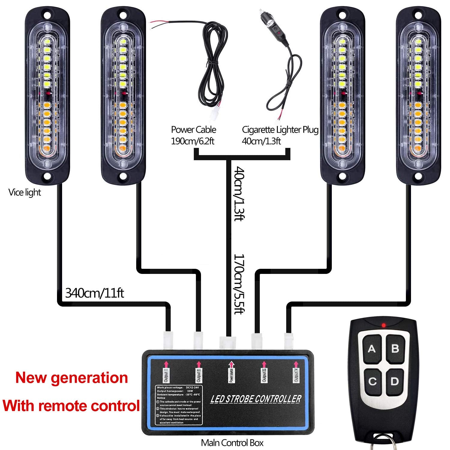 EASE2U E LED Strobe Lights for Trucks, 4pcs White Amber Emergency Warning Lights, Ultra Slim Design, Surface Mount, 12LED