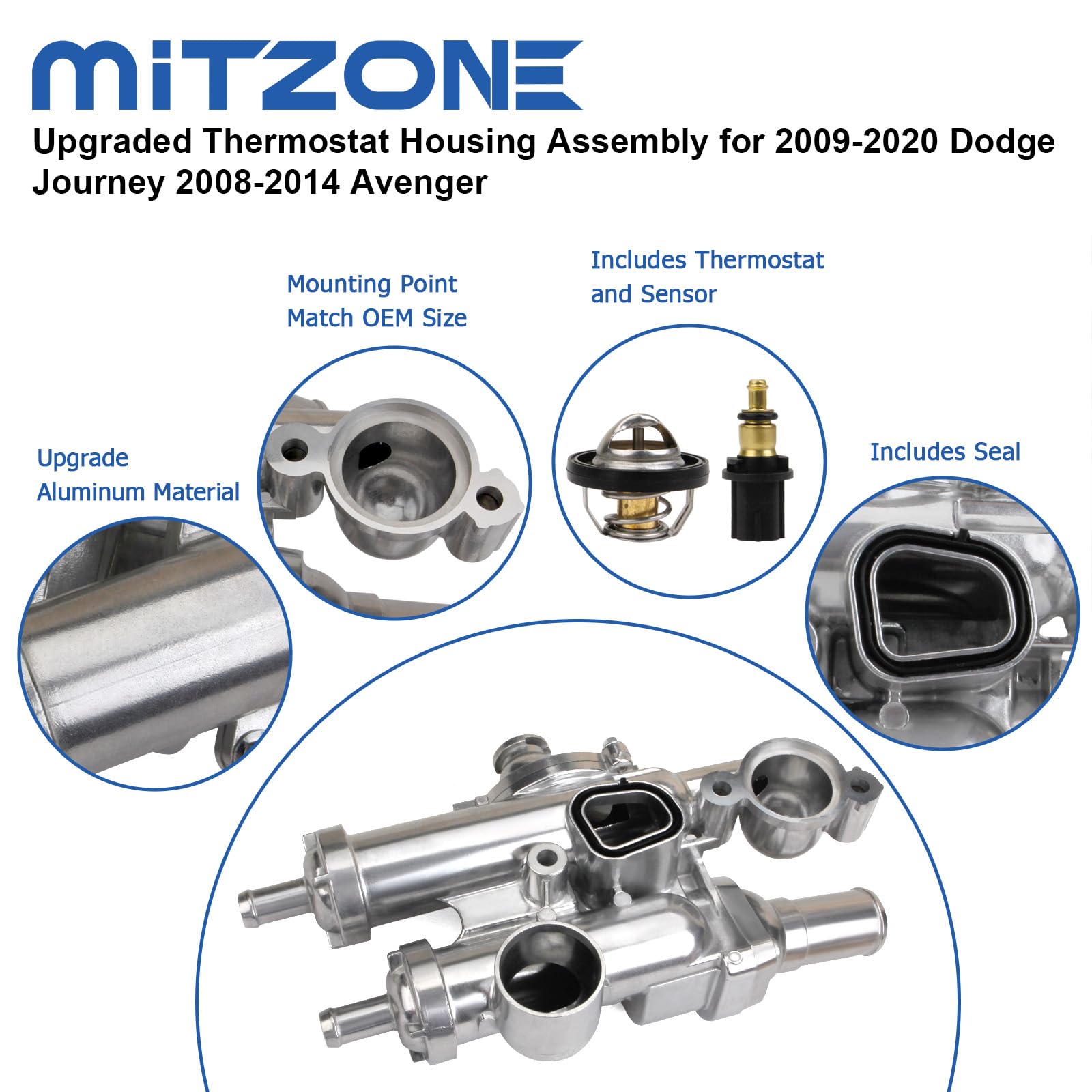 Mitzone Upgrade Aluminium Thermostat Housing Assembly Compatible With Dodge Jeep Chrysler Vehicle - 200 Sebring Compass Patriot