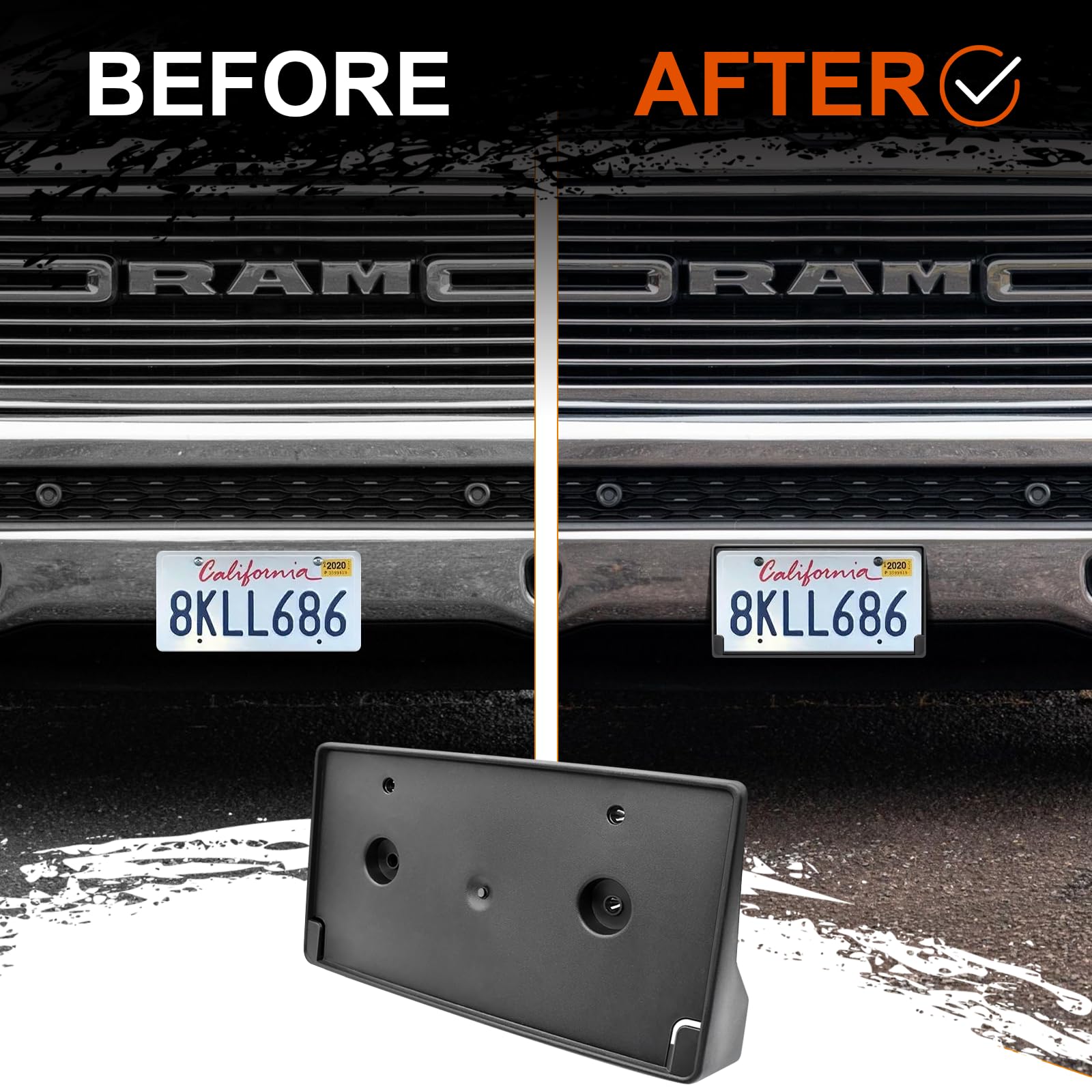 GZSH Front License Plate Frame for Ram 1500 DT 2019-2024, Plastic, Curved Design, OE Replacement Model CH1068151